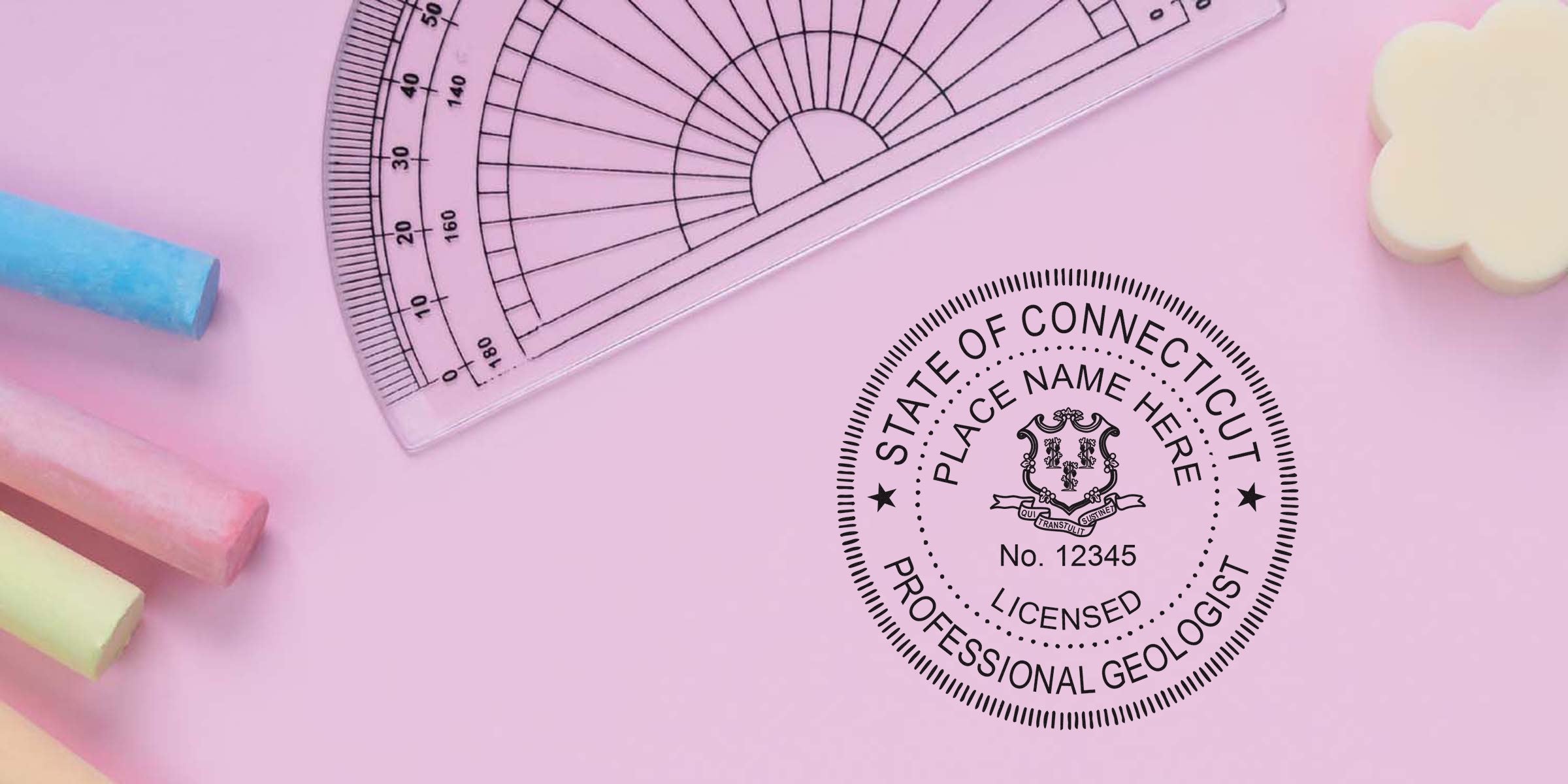 Connecticut Professional Geologist Certification stamp with colorful chalks and protractor on a pink background, highlighting the Geologist Stamp Connecticut.