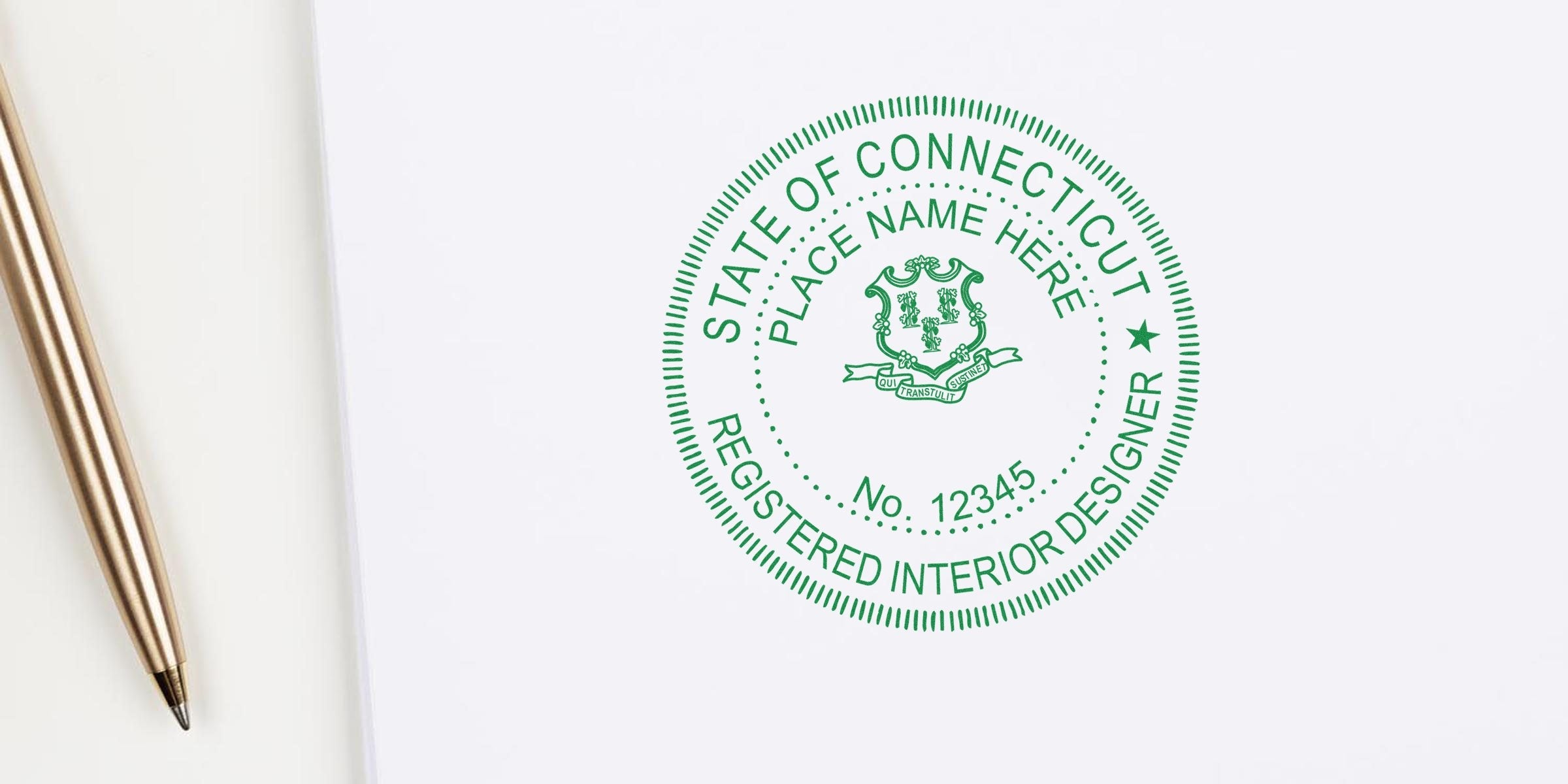 Connecticut interior designer seal stamped with a gold pen on white paper for certification and license verification.