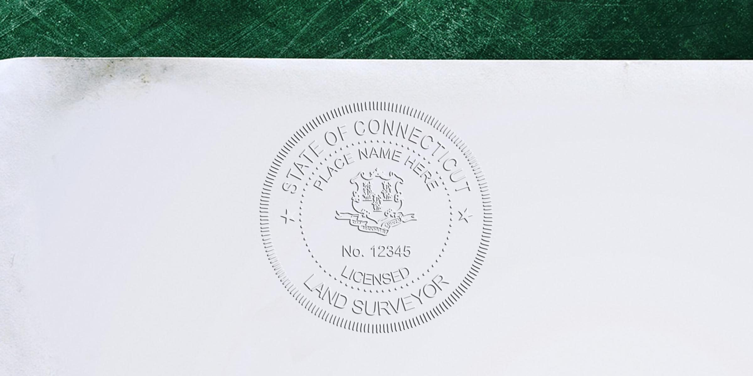 Connecticut land surveyor seal embossed on white paper, showing official seal details for certified land surveying documents.