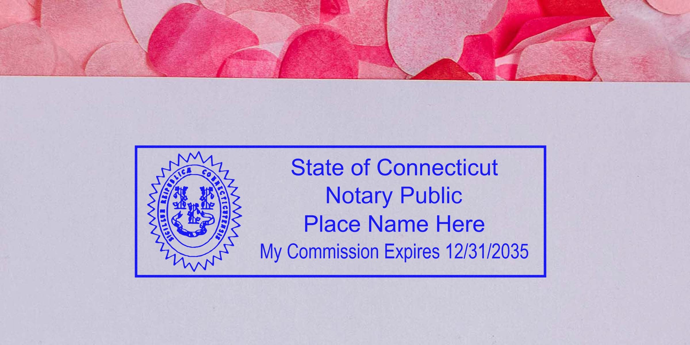 Connecticut notary seal stamp on white paper displaying commission expiration date, compliant with Connecticut notary seal requirements.