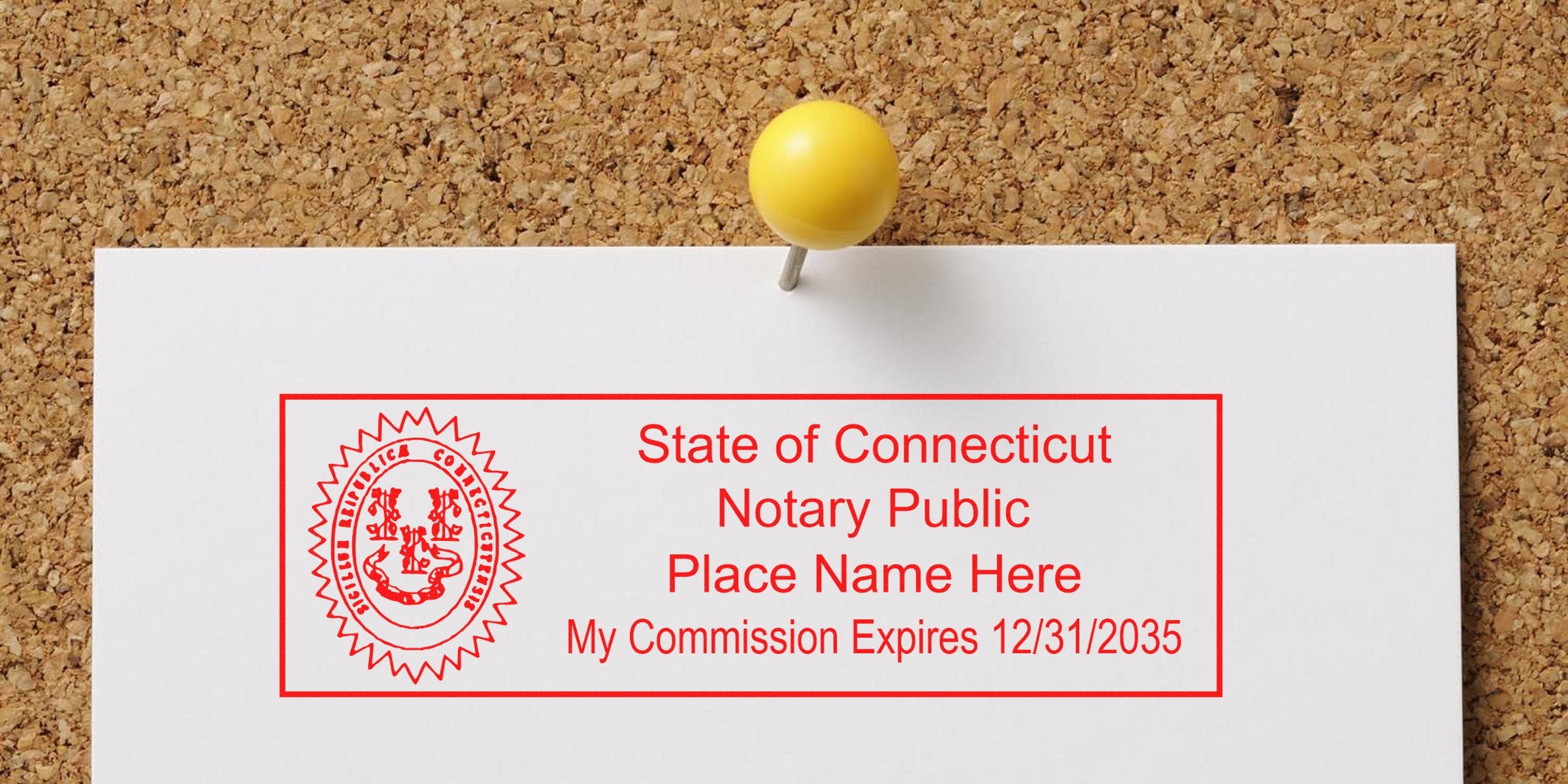 Connecticut notary public stamp with commission expiration date pinned on corkboard, highlighting key Connecticut notary supplies and tools.