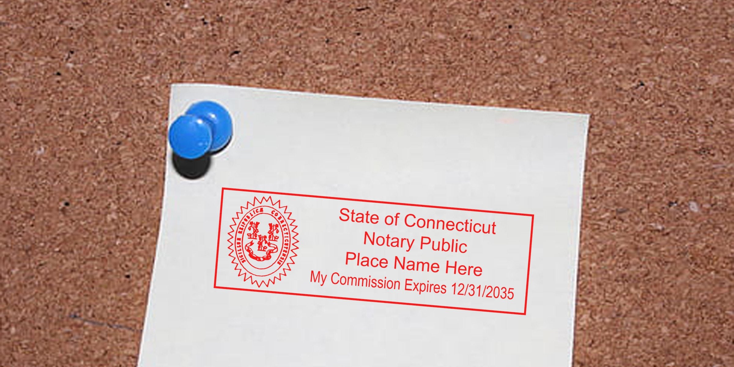 Connecticut notary seal on white paper pinned to corkboard with blue pushpin, showing notary commission expiration date 2035, per Connecticut notary public guidelines.
