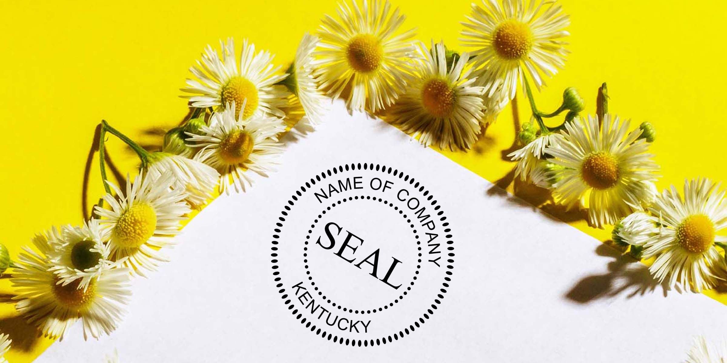 White paper with custom company seal logo reading “Name of Company” and “Kentucky,” surrounded by white daisies on a bright yellow background