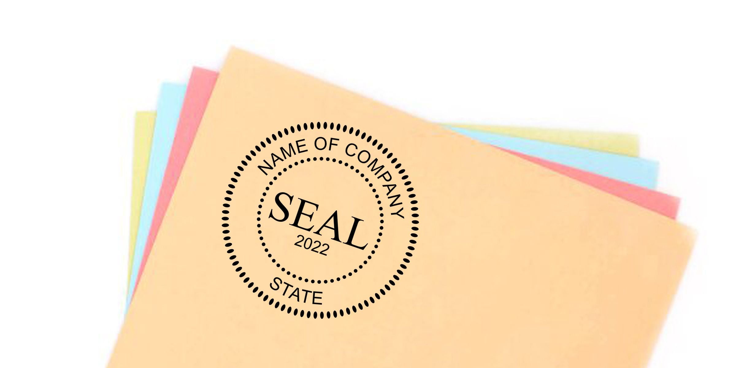 Stack of colorful file folders with a company seal stamp labeled “Name of Company Seal 2022 State” on the front folder