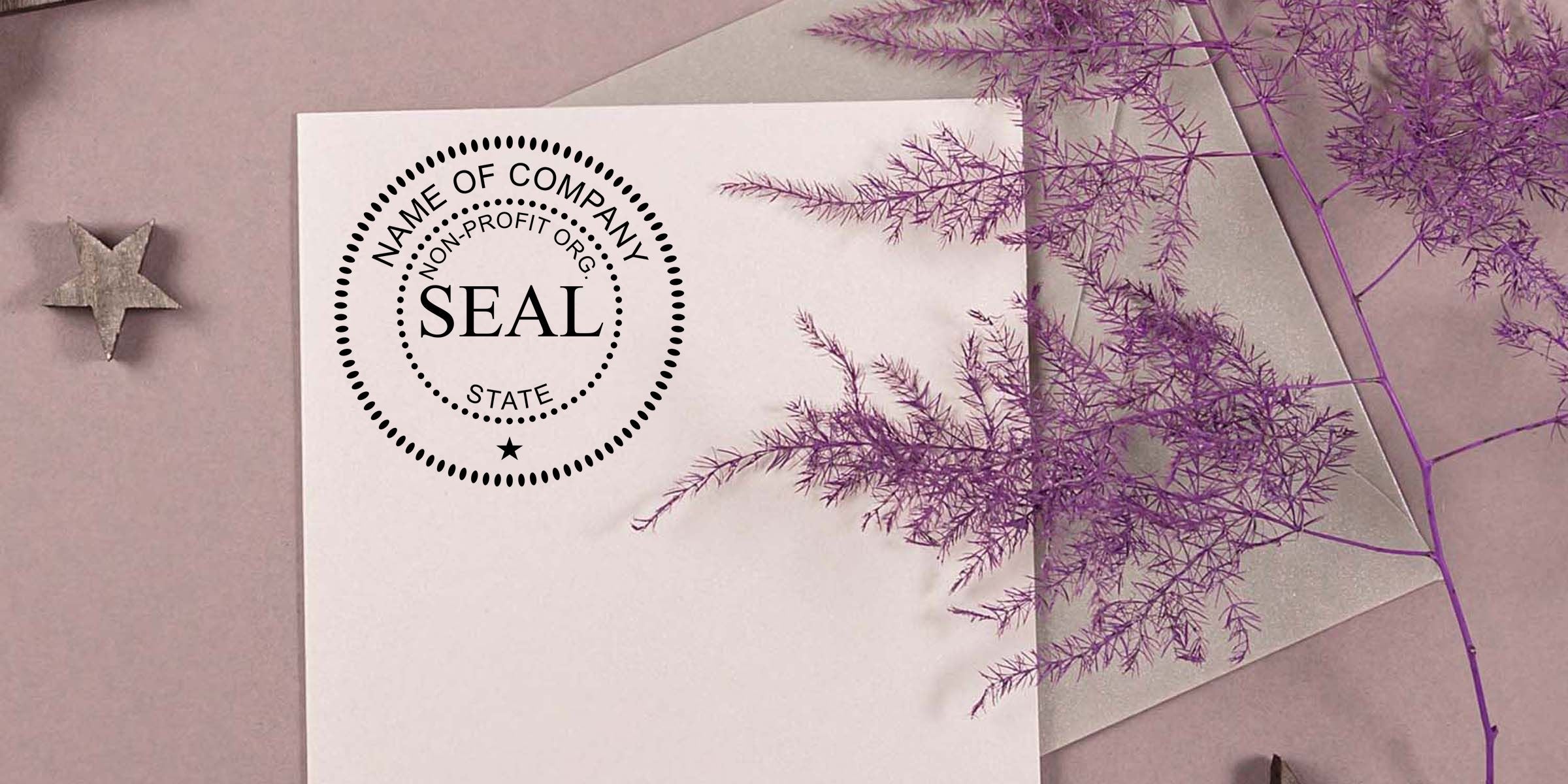 Nonprofit organization seal template on white paper with purple botanical accents and pastel pink background