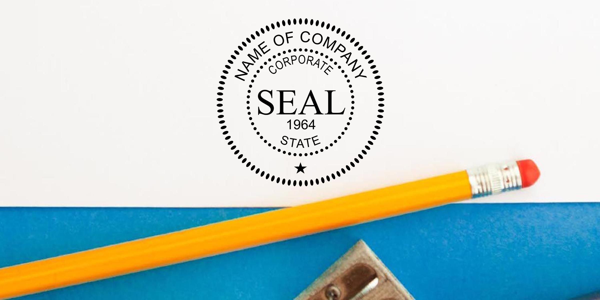 Corporate company seal logo with yellow pencil on blue and white stationery background