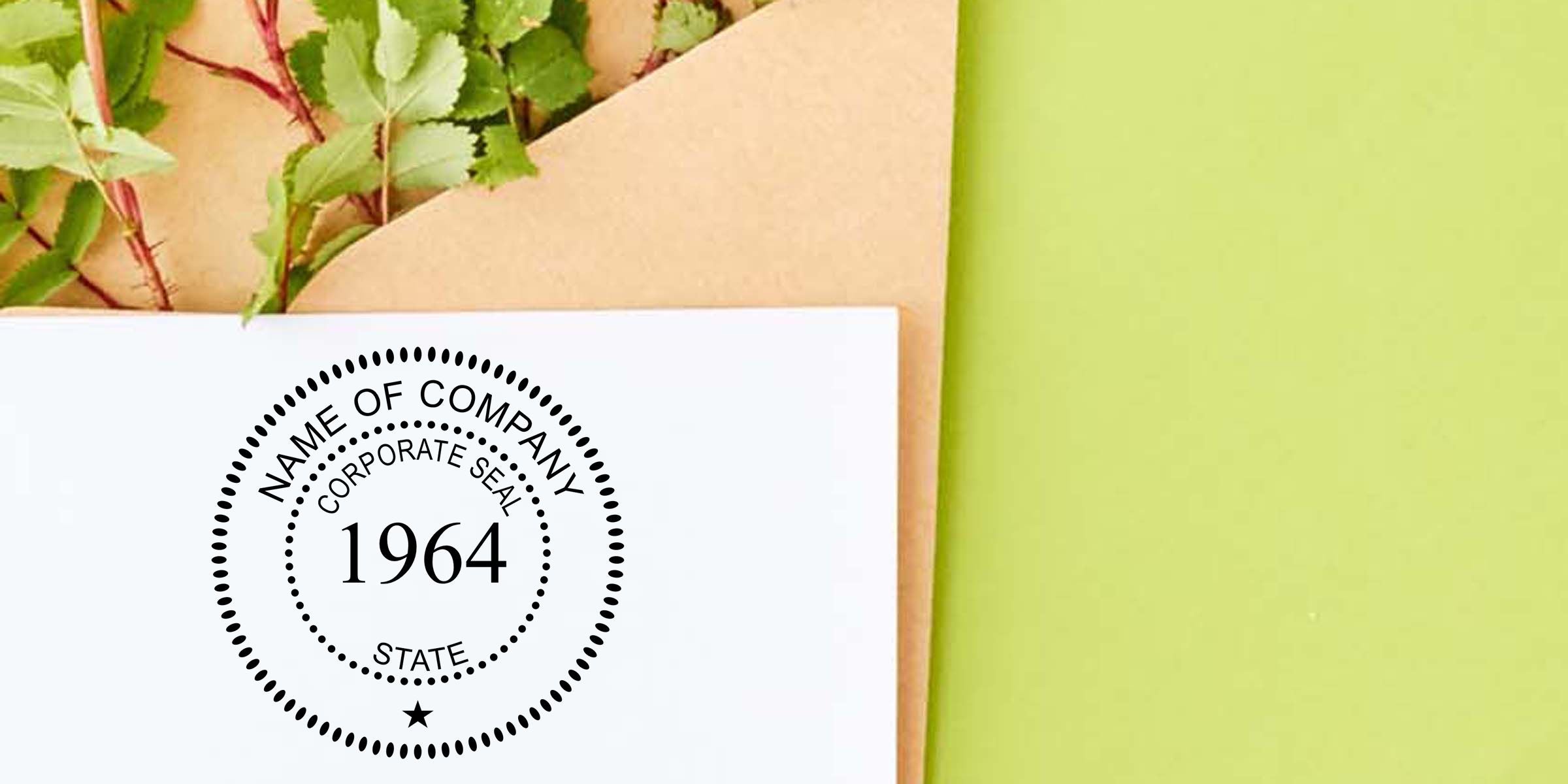 Minimal corporate seal logo mockup on white stationery with green leaves and lime green background, featuring “Name of Company” and the year 1964