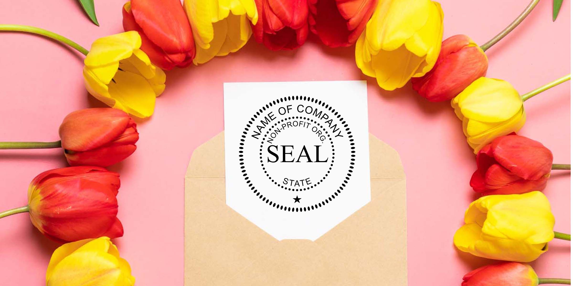 Envelope with nonprofit organization seal mockup surrounded by red and yellow tulips on a pink background