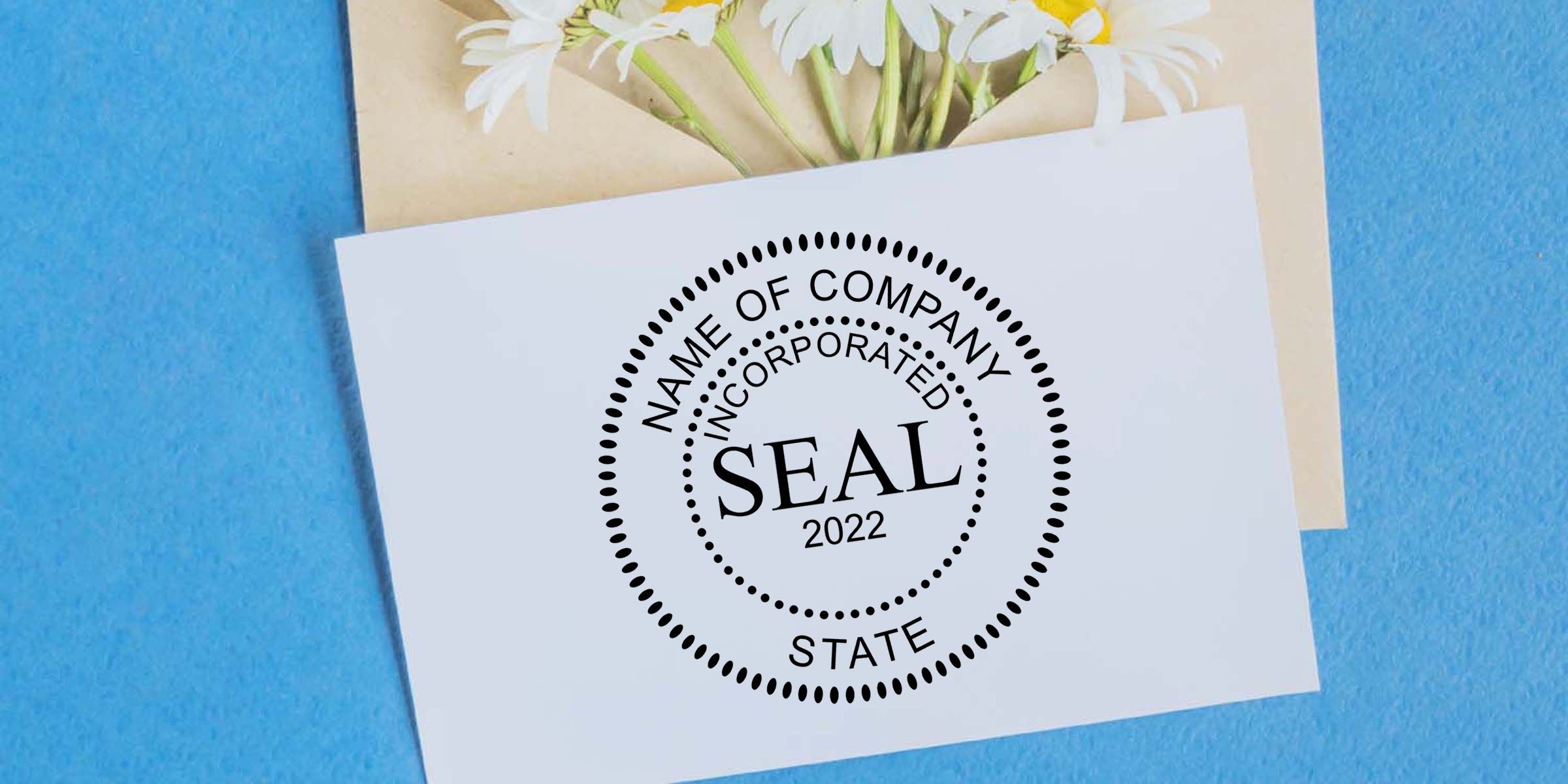 White corporate seal card with “Name of Company Incorporated Seal 2022 State” on a blue background with flowers above