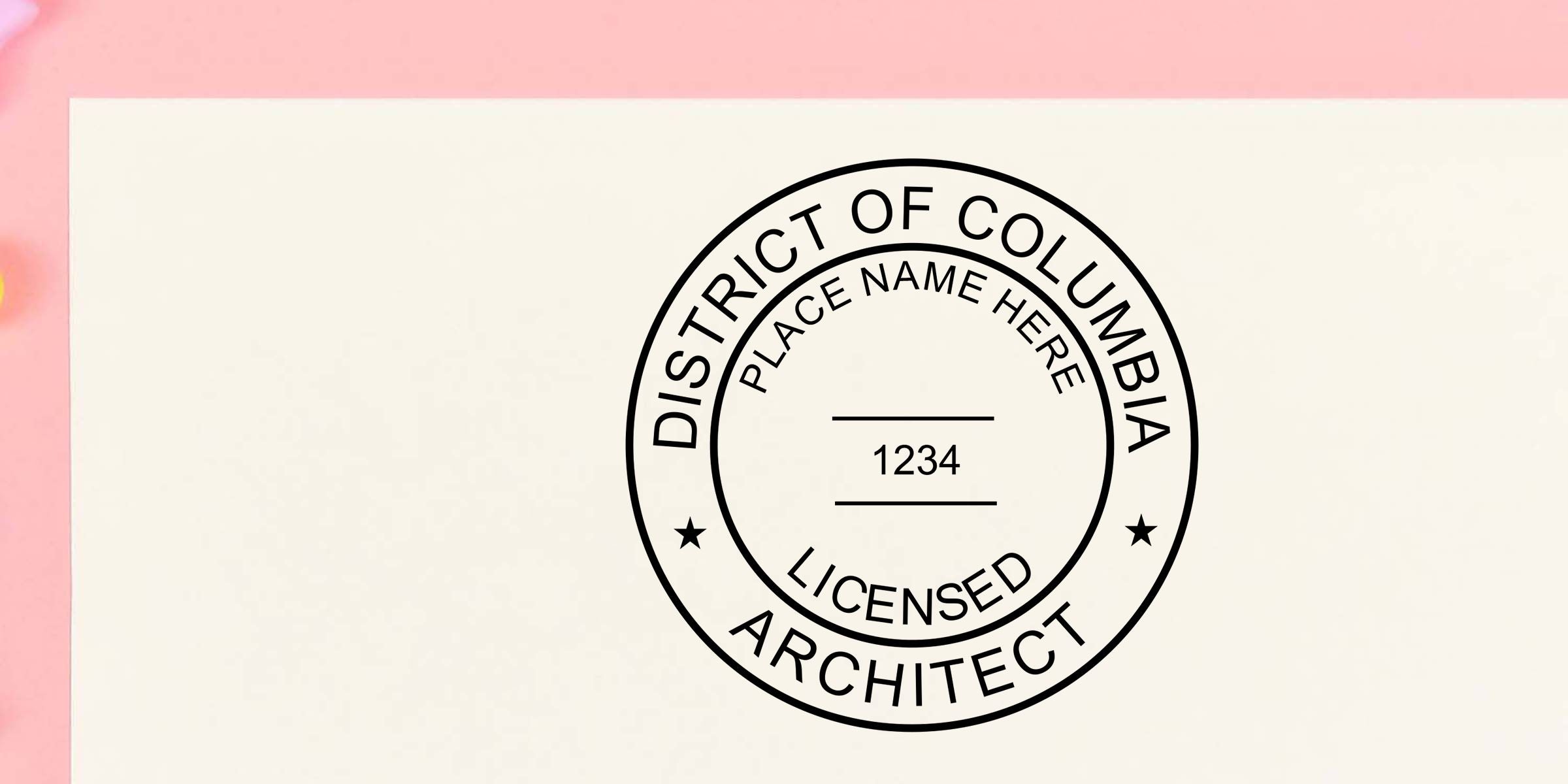 District of Columbia licensed architect seal stamp with place name placeholder and license number 1234 on a white document against a pink background