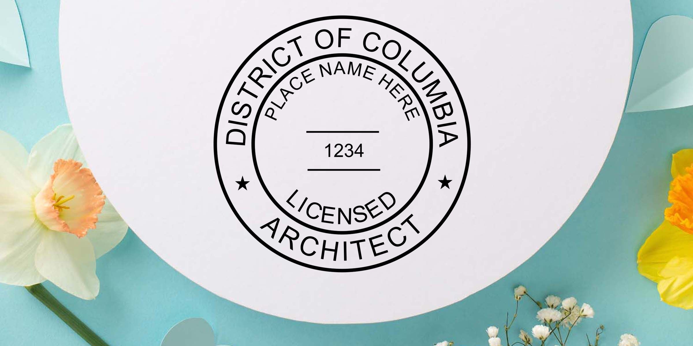 District of Columbia licensed architect seal with placeholder name and license number 1234 on a pastel floral background