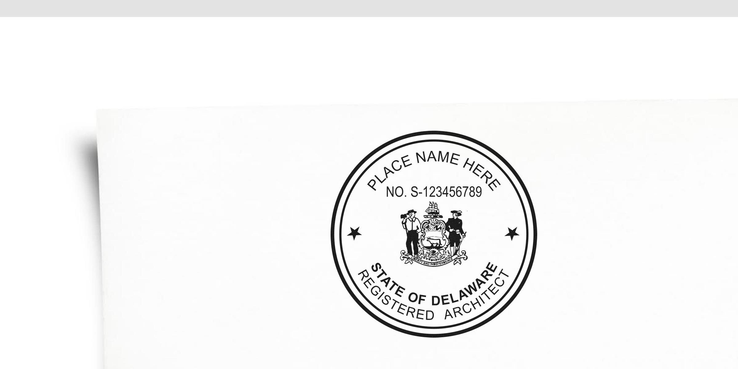 Delaware Professional Architect Stamp on white paper with state emblem and registration number, representing Architect Licensing in Delaware.