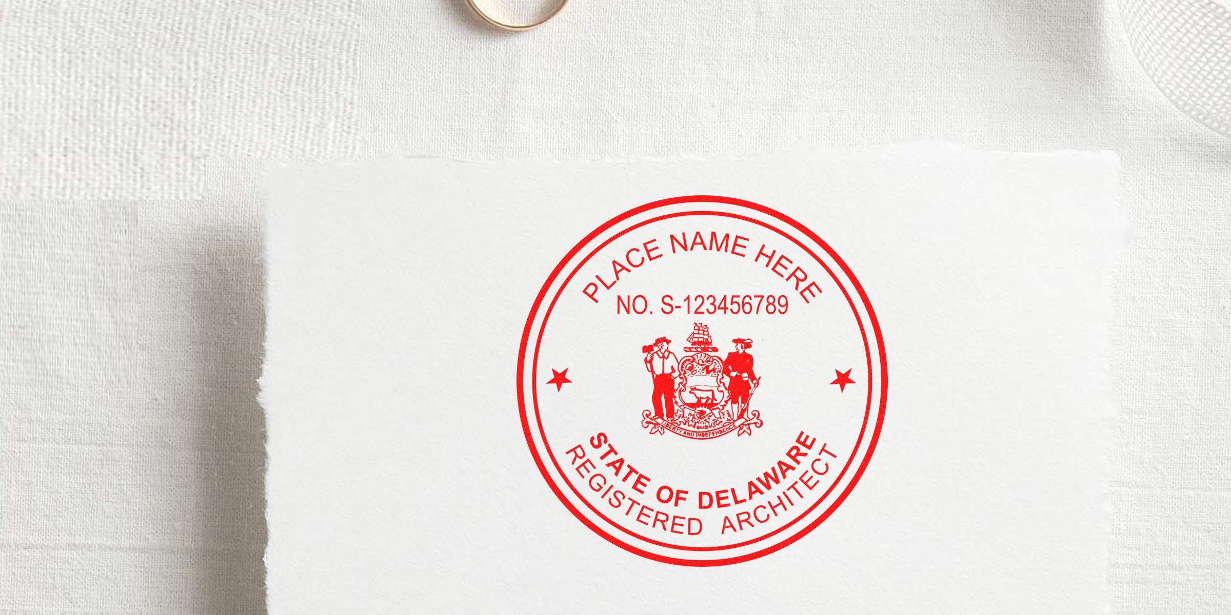 Delaware architect seal on white paper showing Delaware architect stamp cost and savings.