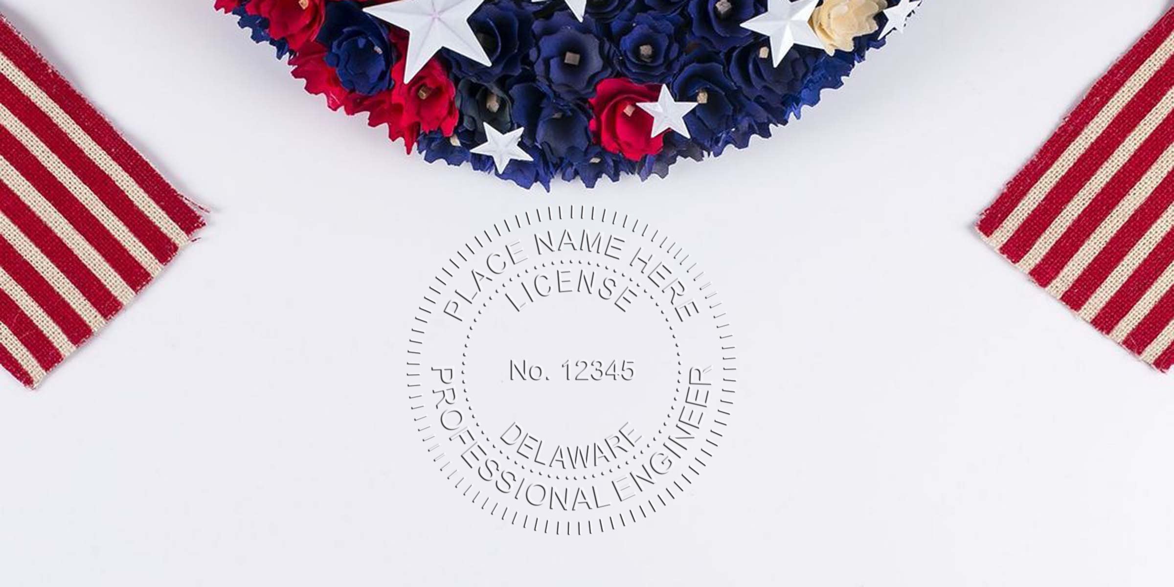 Delaware professional engineer license with Delaware engineering stamp size and requirements, displayed against a patriotic wreath and American flags background.
