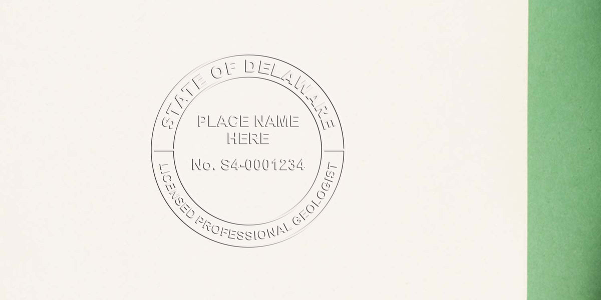 Delaware licensed professional geologist embossed seal on white paper with green edge, featuring Delaware geologist stamp and following geologist stamp guidelines.