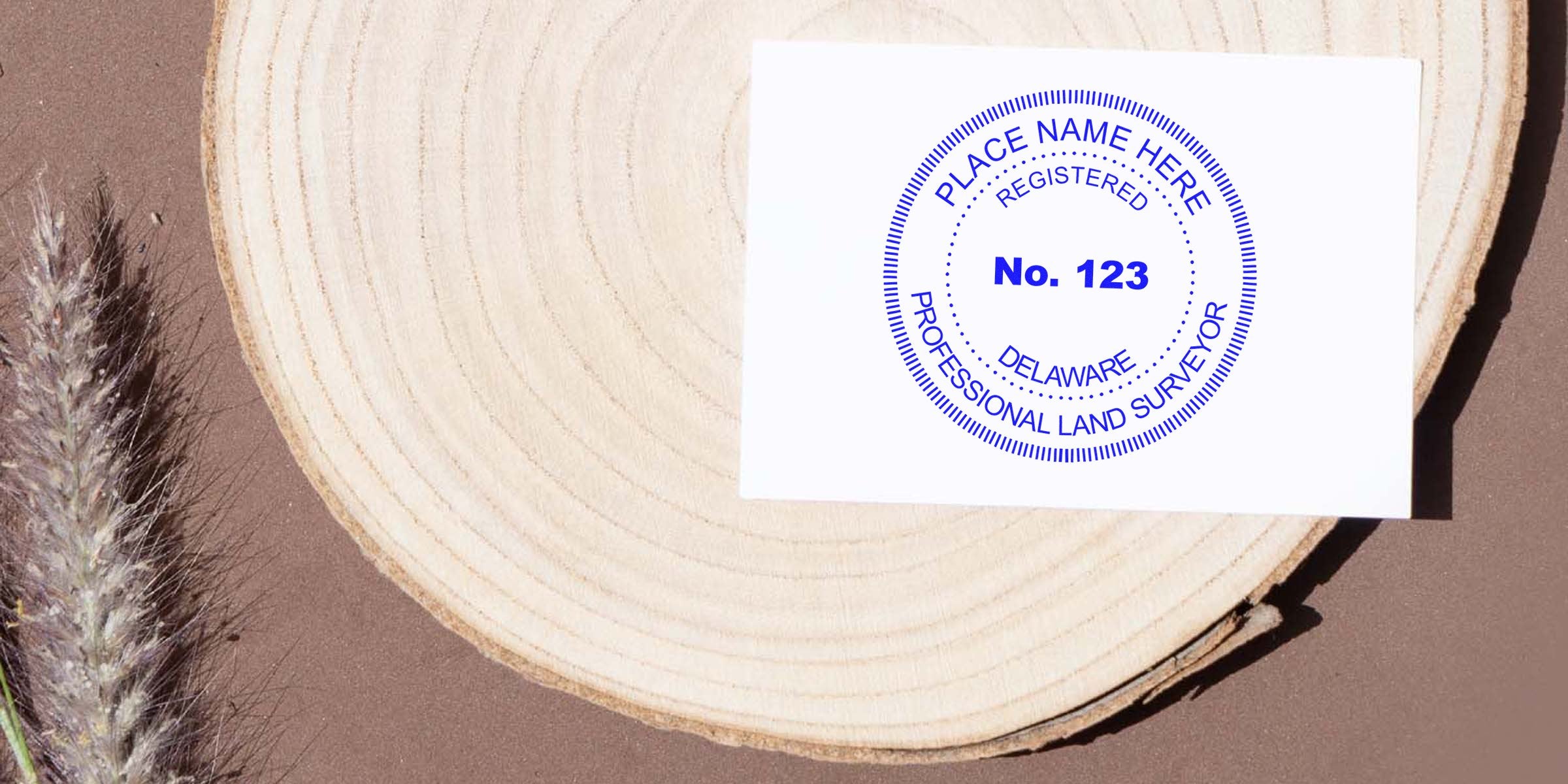 Professional land surveyor stamp on white card with Delaware registered surveyor seal, placed on wood with dried grass, meeting Delaware stamp laws and surveyor regulations.