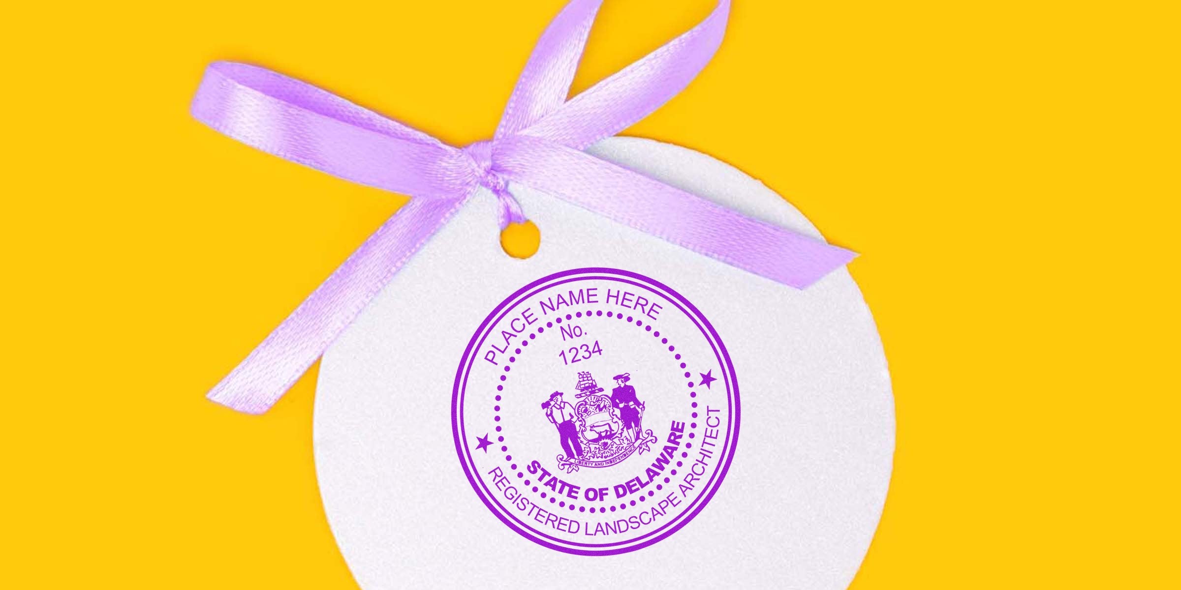 Delaware landscape architect seal template with the State of Delaware registered landscape architect seal on a white tag, purple ribbon, and yellow background.