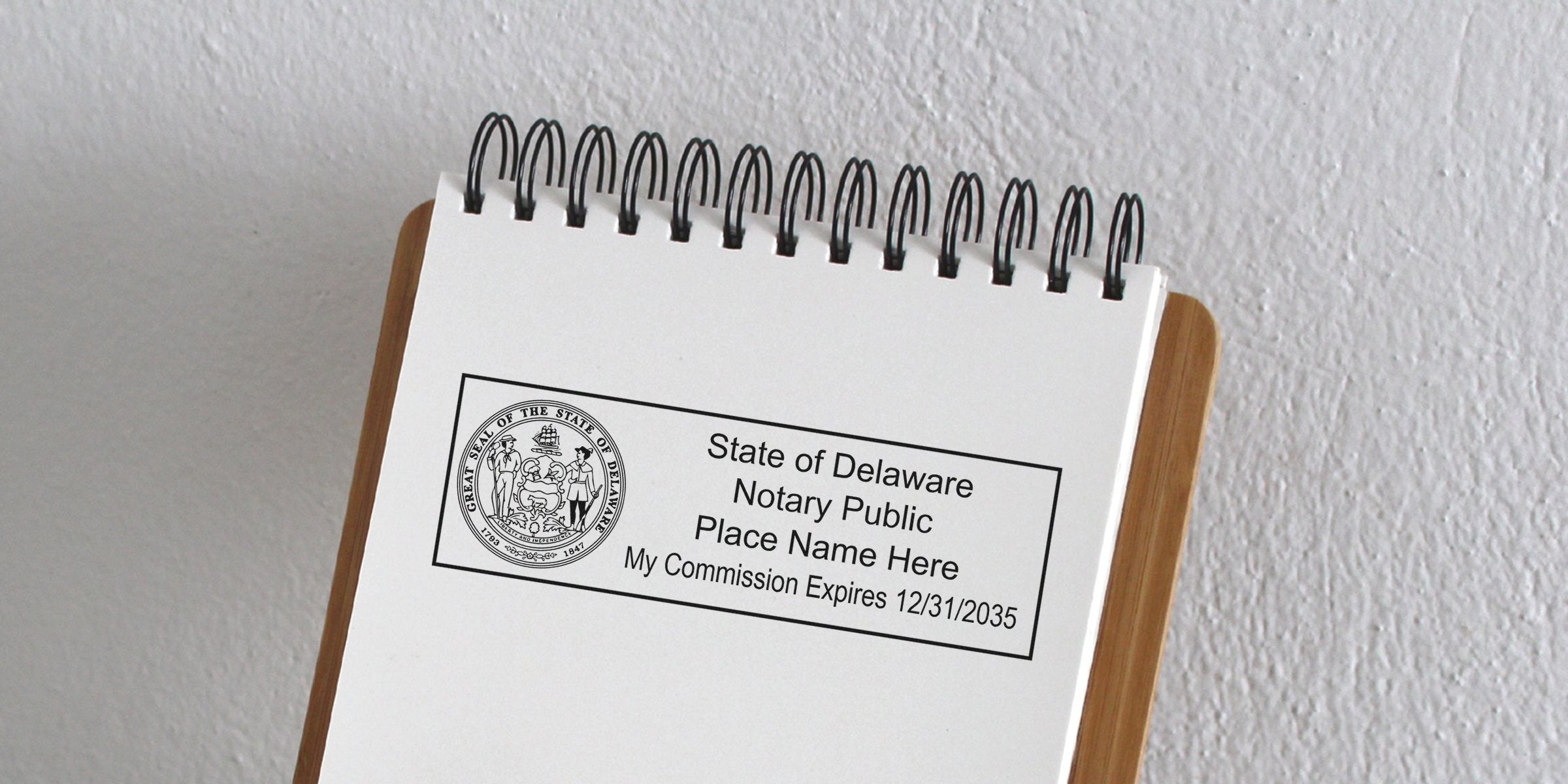 Delaware notary stamp on white paper with commission expiration date, perfect for anyone needing to buy a Delaware notary stamp.