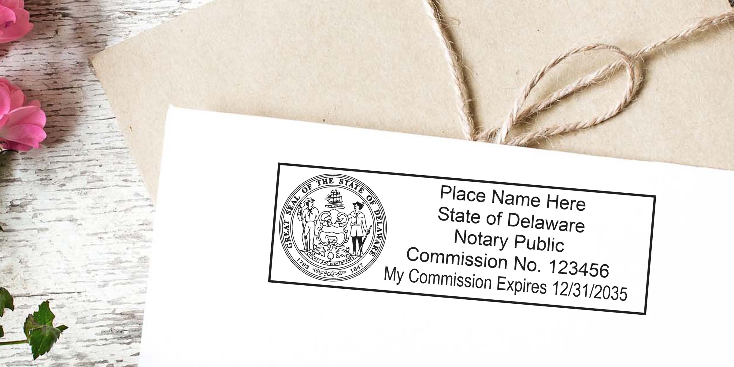 Delaware notary stamp with commission number and expiration date on envelope, showing key notary supplies for Delaware.