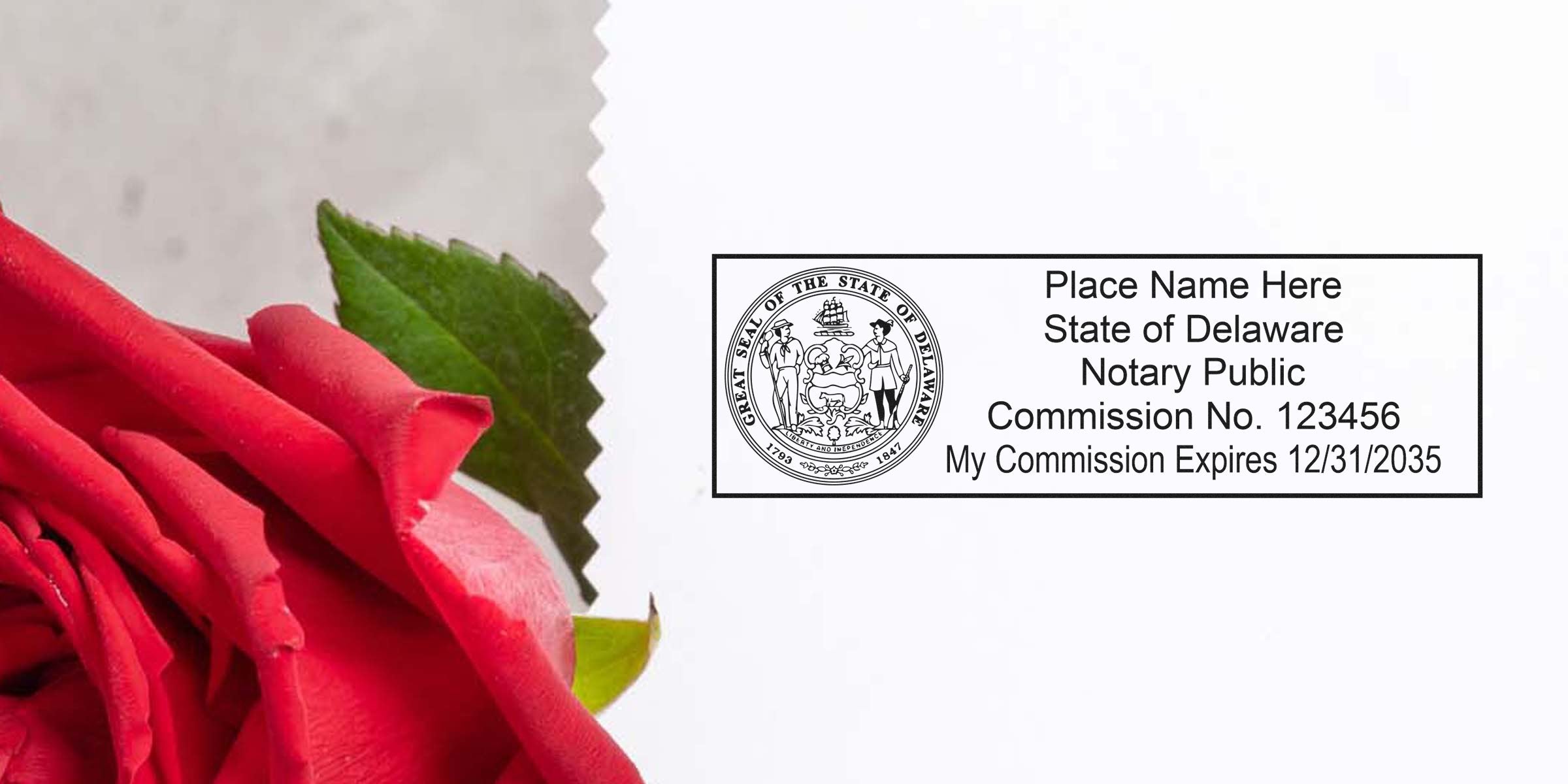 Red rose next to Delaware notary seal showing commission number and expiration date, representing Delaware notary seal purchase.