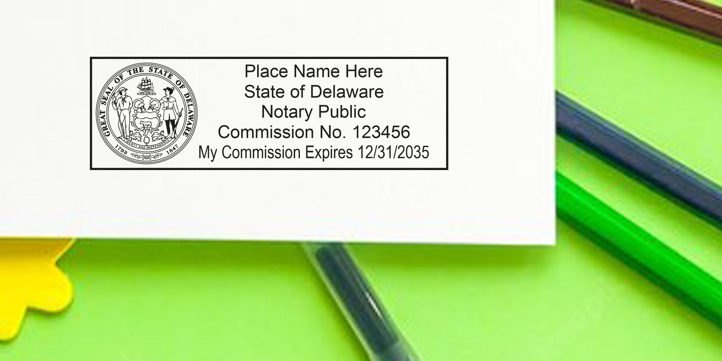 Delaware notary public commission certificate on white paper with official state seal and expiration date, included in the top Delaware notary supplies complete kit.