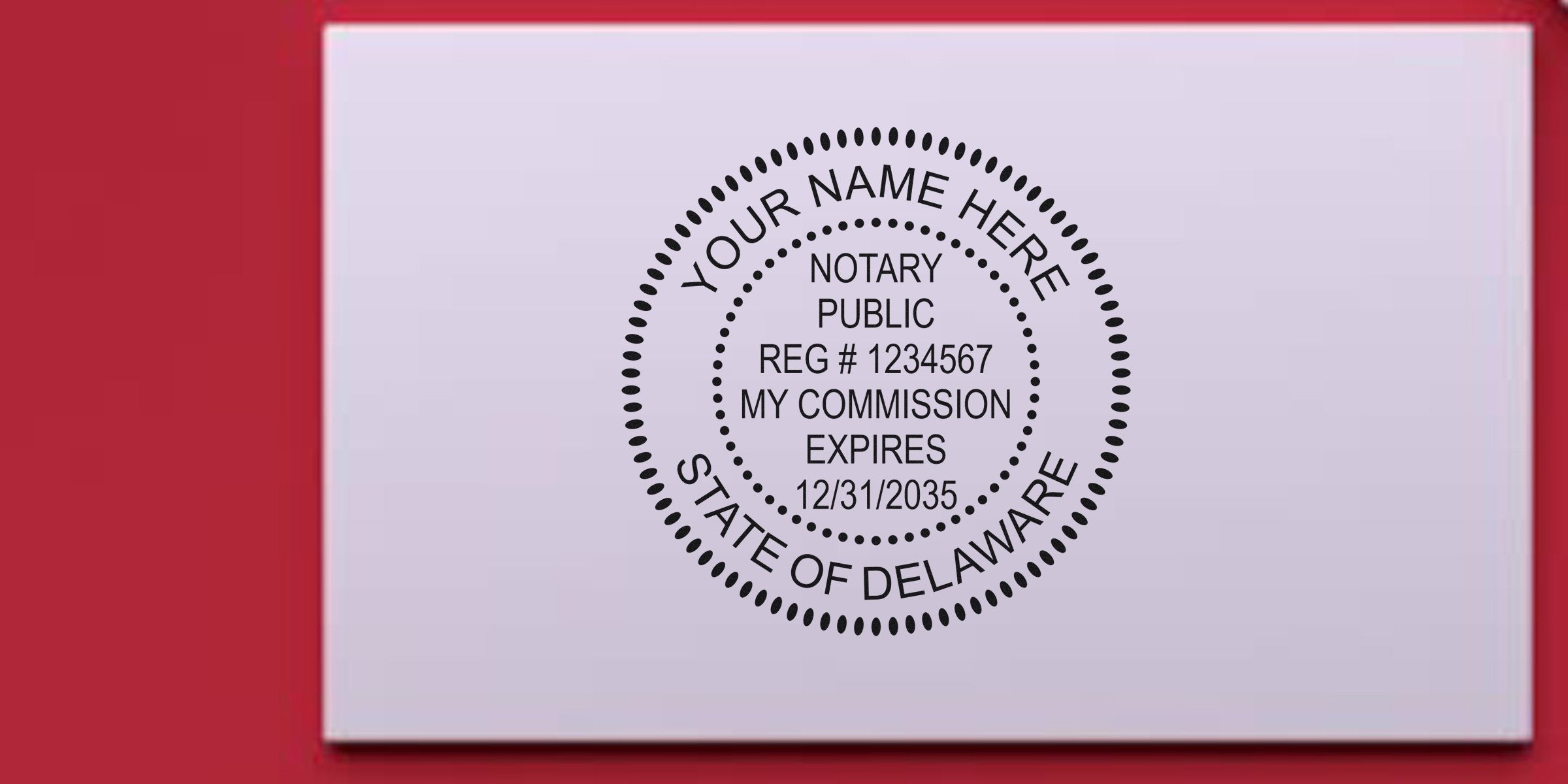 Delaware notary public stamp with commission expiration date on white background, key Delaware notary supplies highlighted in a buying guide.