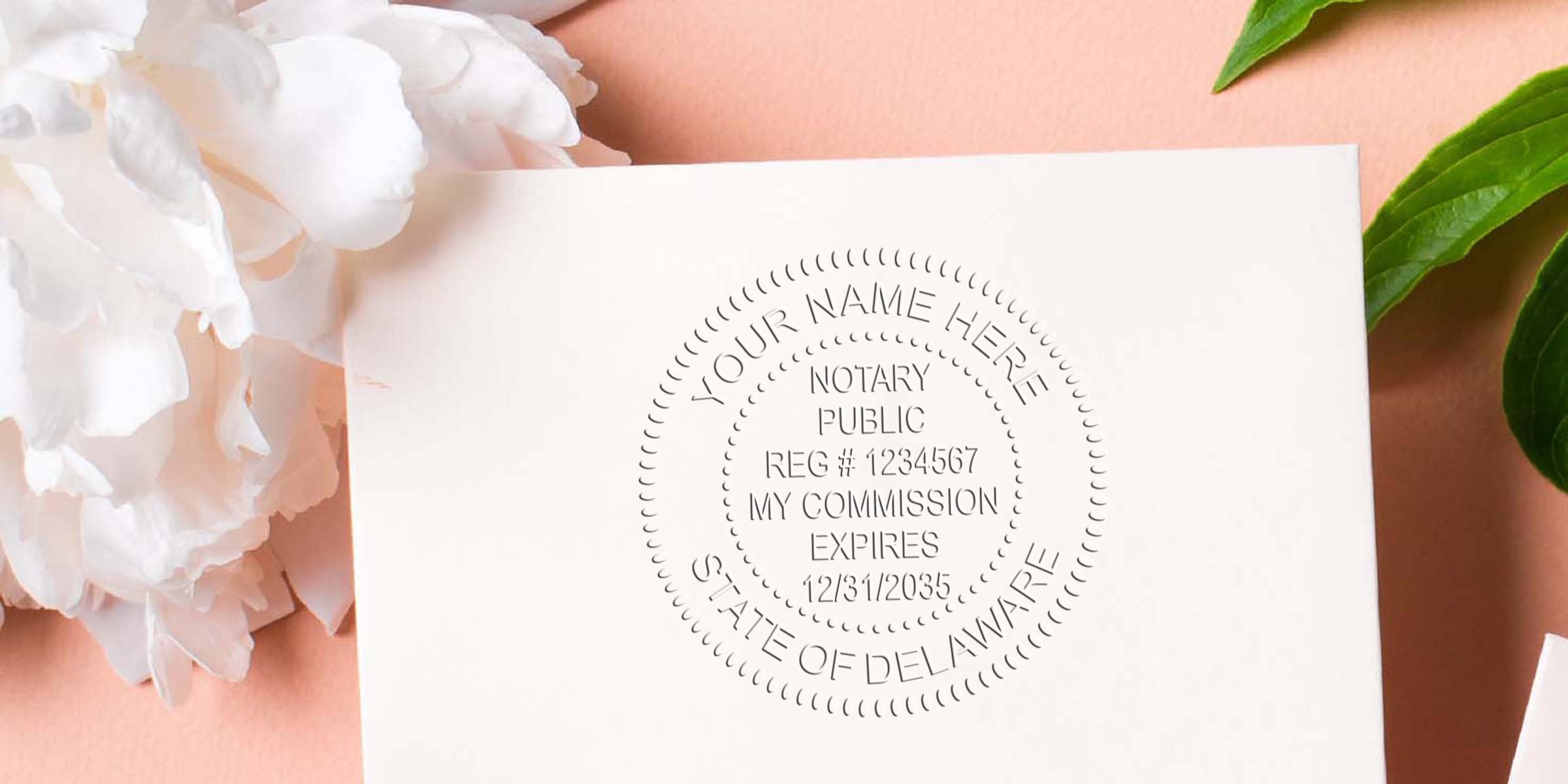 Delaware notary public seal embossed on white paper with floral background, featuring state notary commission stamp and personalized design, compliant with Delaware notary seal guidelines.