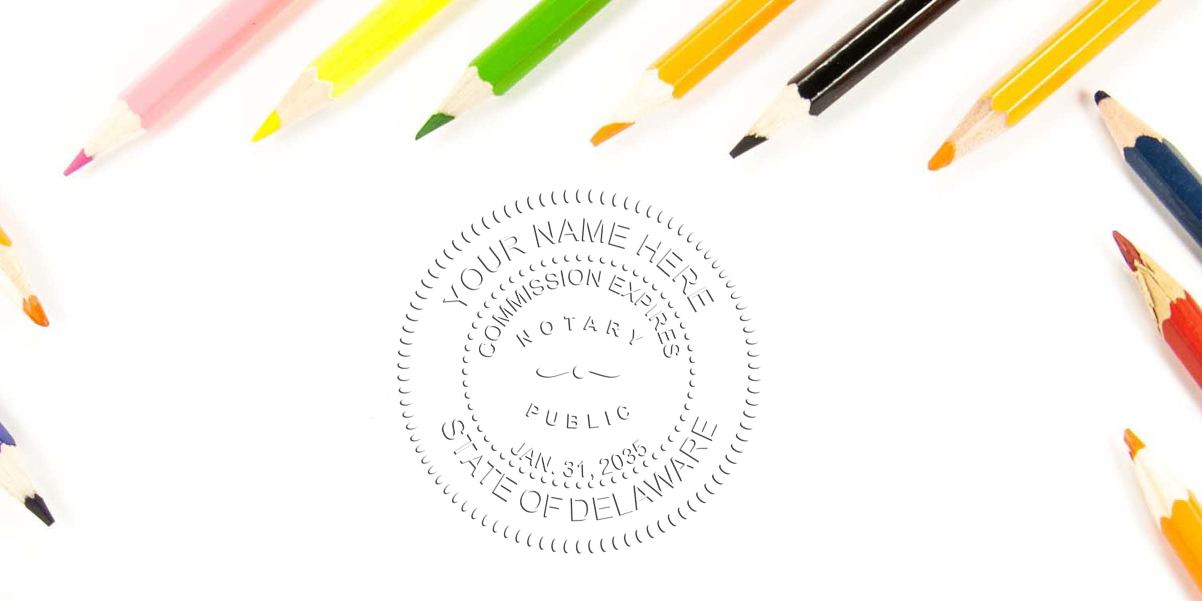 Delaware notary stamp with colorful pencils, ensuring official document certification and meeting Delaware notary stamp requirements.
