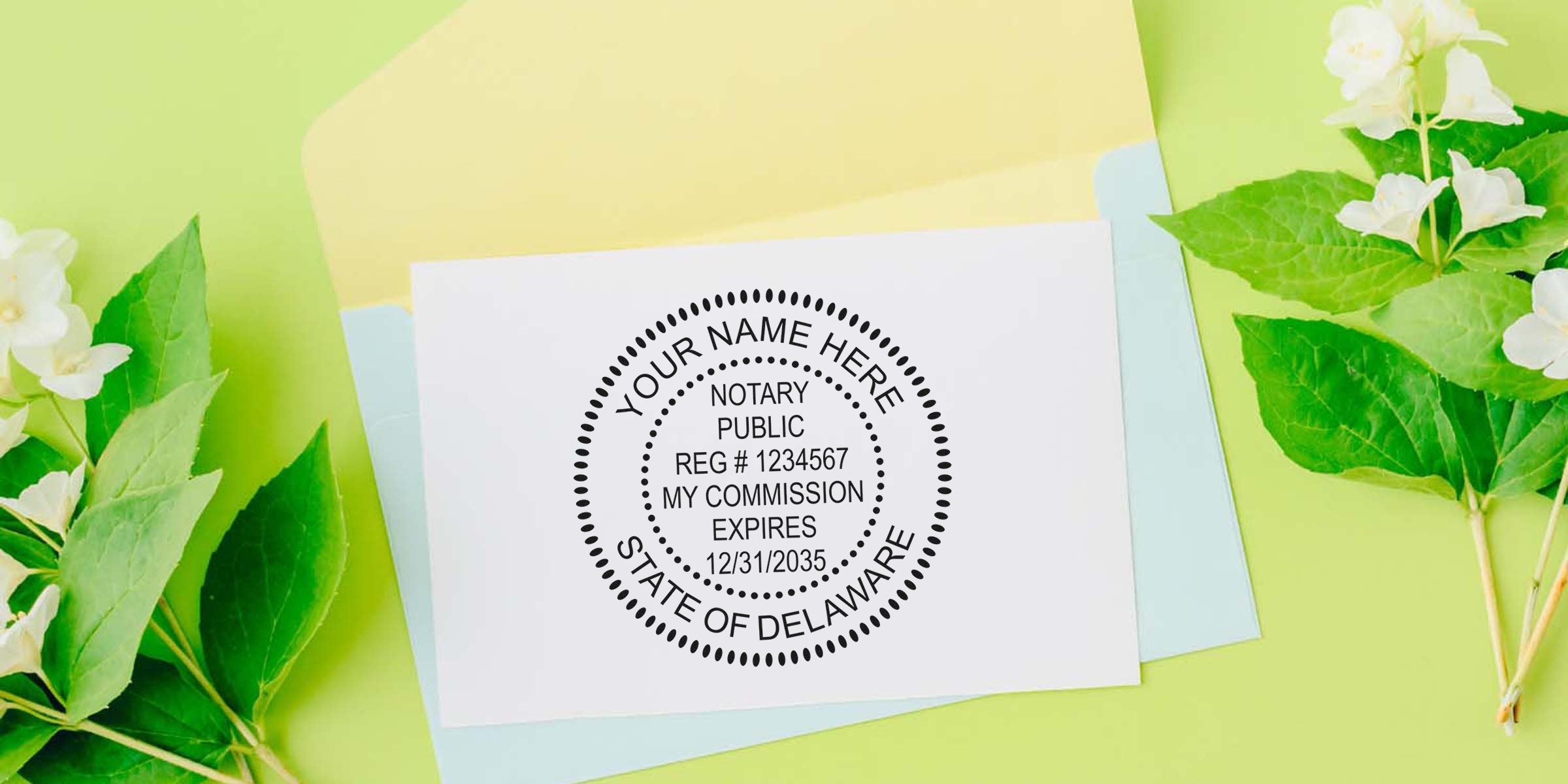 Delaware notary public stamp with commission expiration on white card, surrounded by pastel envelopes and green leaves, symbolizing Delaware notary supplies and notary public organization.