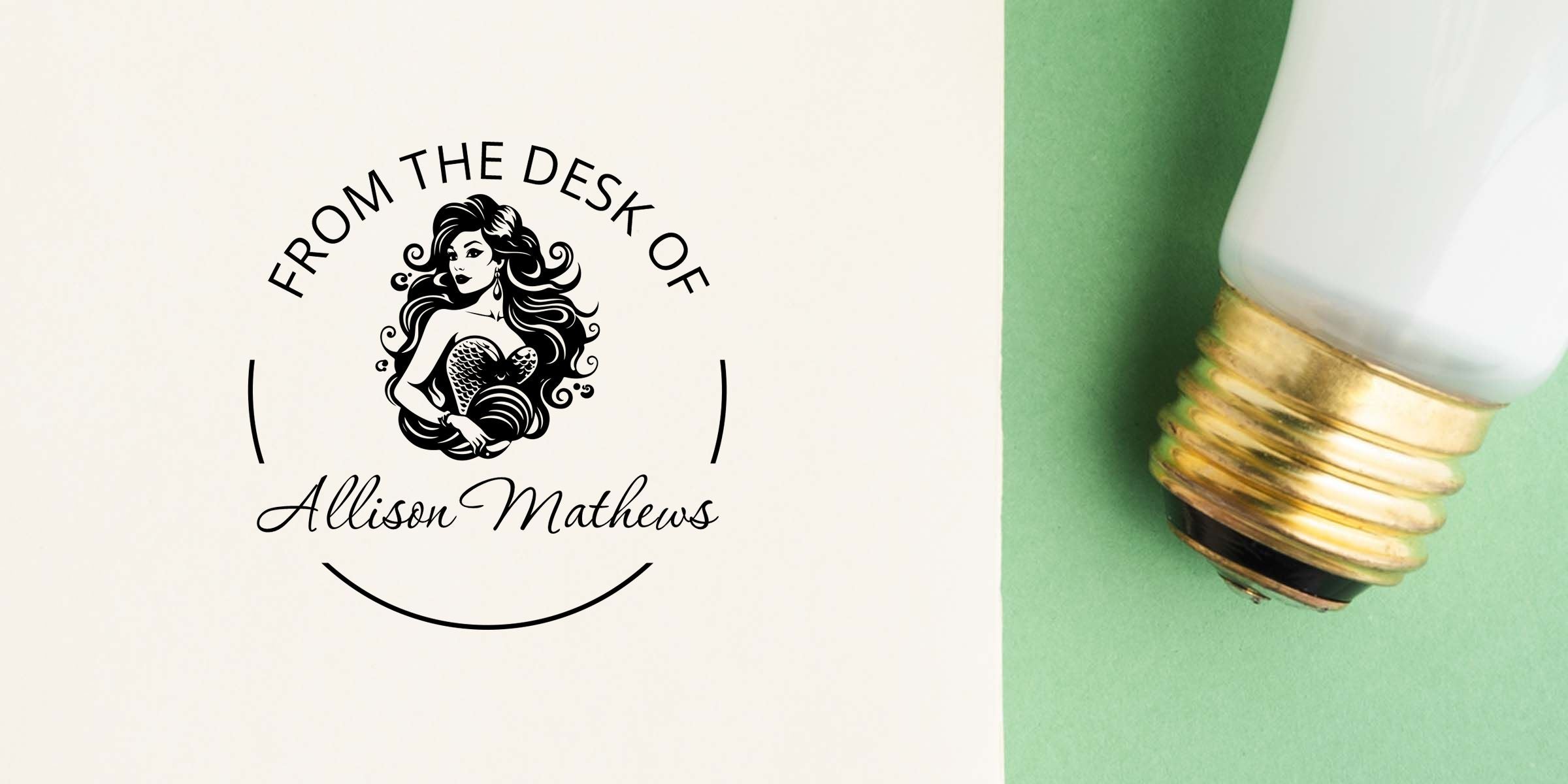 Custom “From the Desk of Allison Mathews” mermaid logo beside a close-up vintage light bulb on a green and cream background