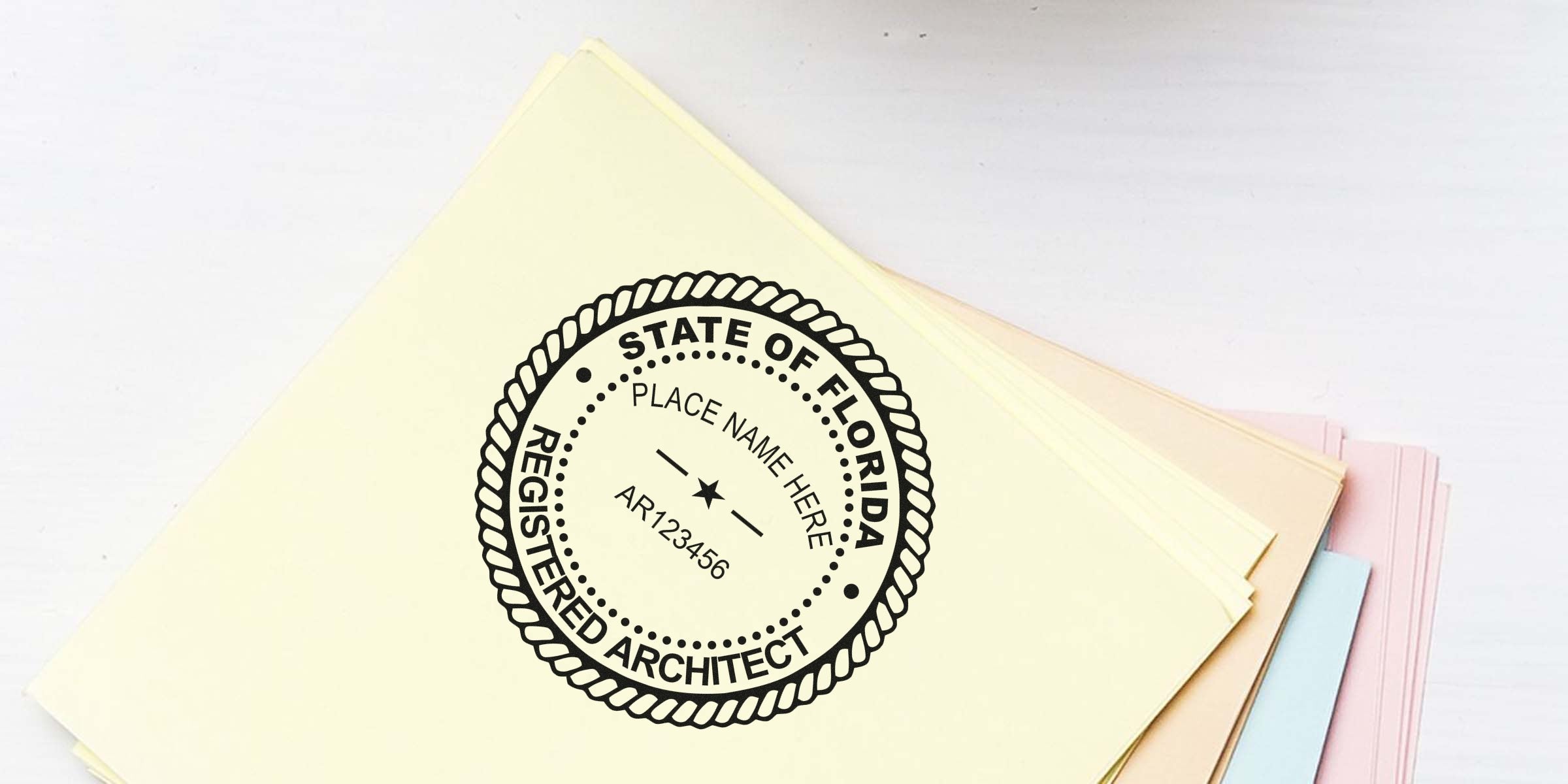 Florida architect stamp on pastel paper, representing the State of Florida registered architect seal used for project approval.