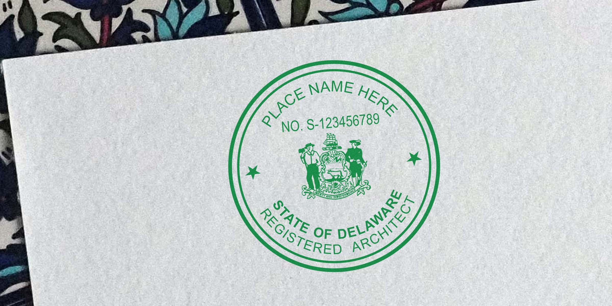 Delaware registered architect seal on paper for certification, featuring Florida architect stamp; available for online purchase.