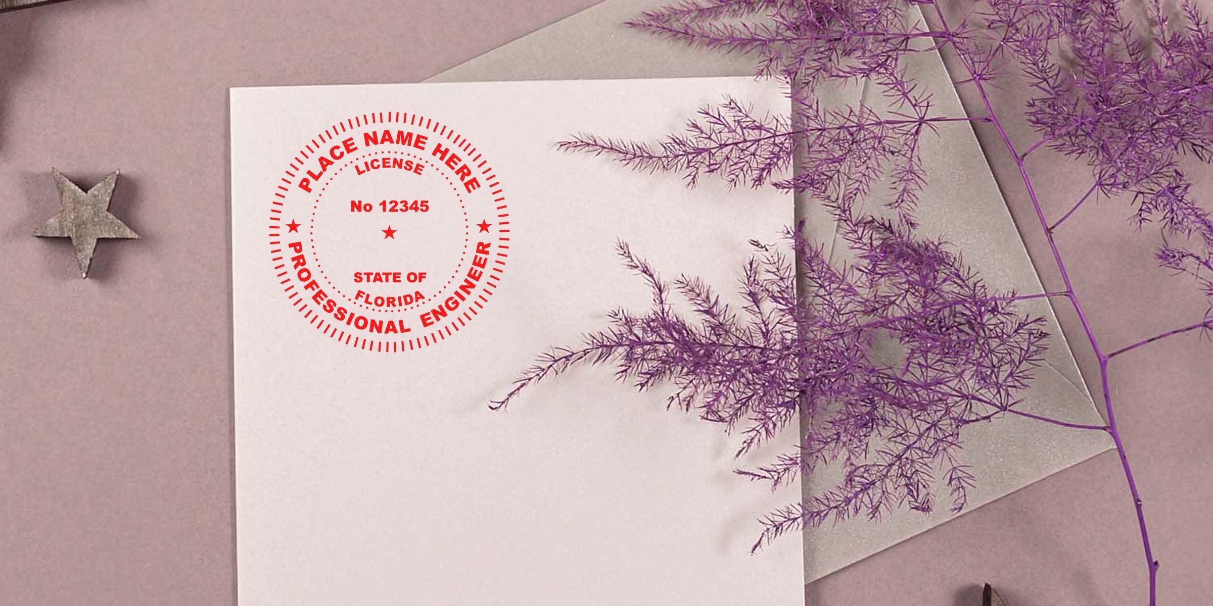 Florida Professional Engineer Seal on white paper with purple plant and star ornament on beige background, highlighting affordable PE seal options.