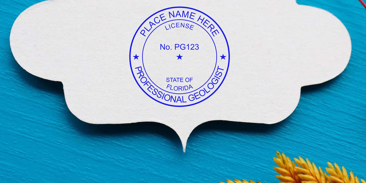 Florida Geologist Stamp Renewal with a professional license stamp on white paper, blue background, yellow plant, and Florida Certified Geologist seal for license renewal.
