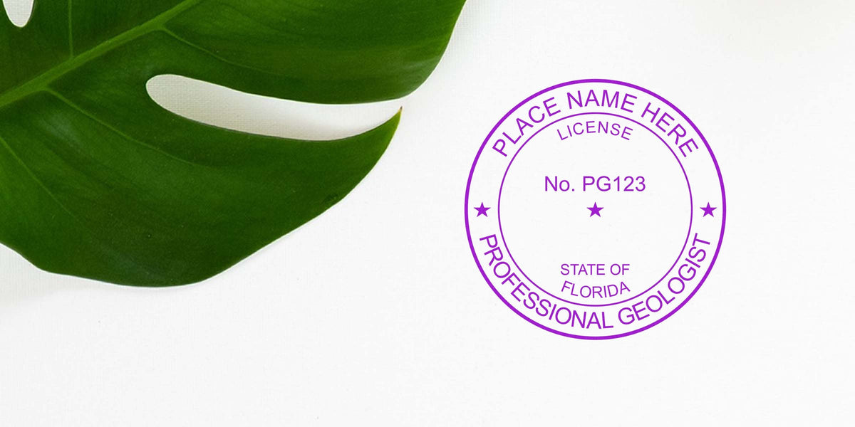 Florida Geologist Stamp in purple ink with green leaf on white, showing professional geologist license and embossing details.