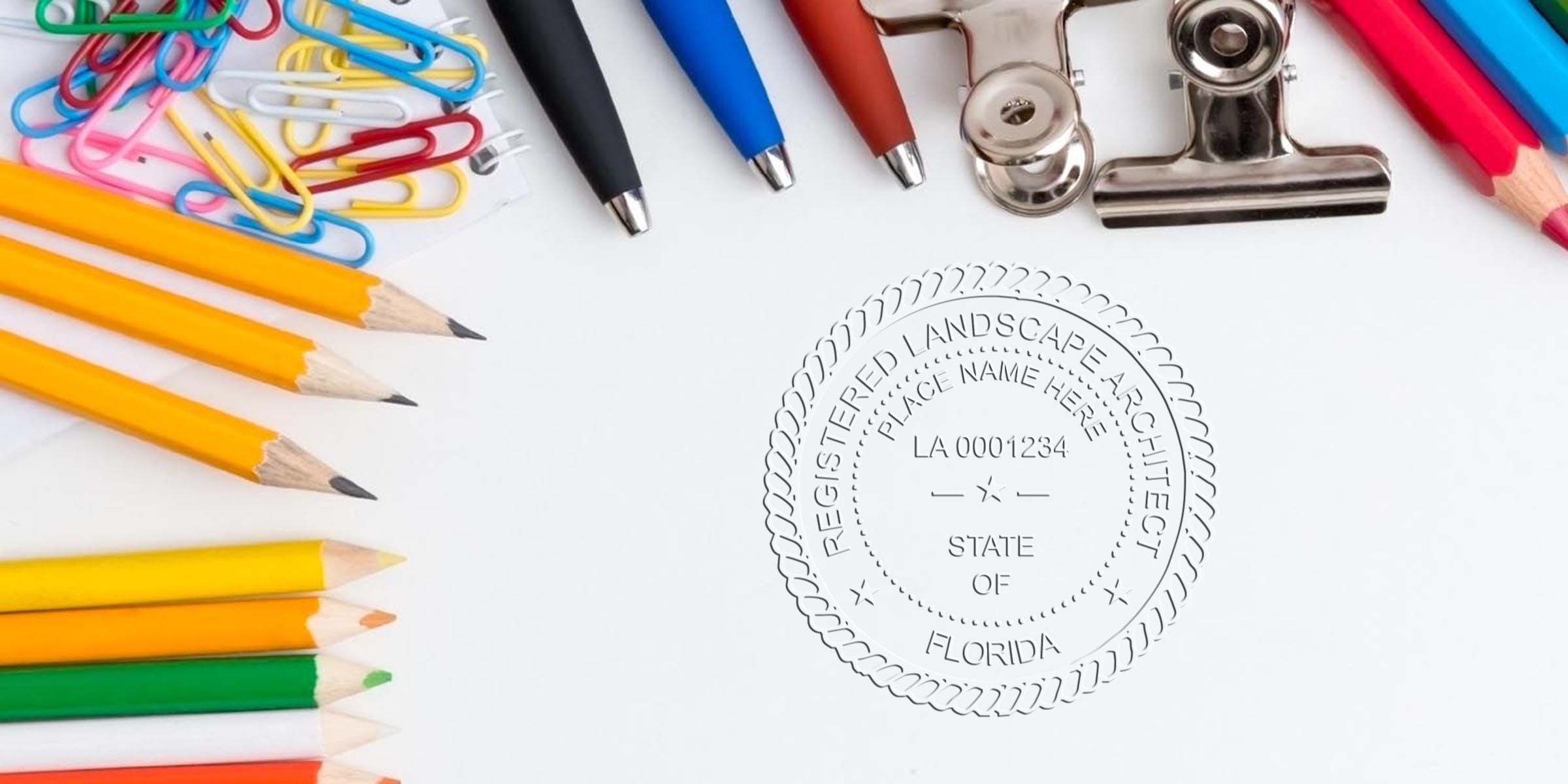 Florida landscape architect seal embossed on paper, surrounded by colorful pencils, pens, and office supplies, showcasing the advantages of the seal embosser.