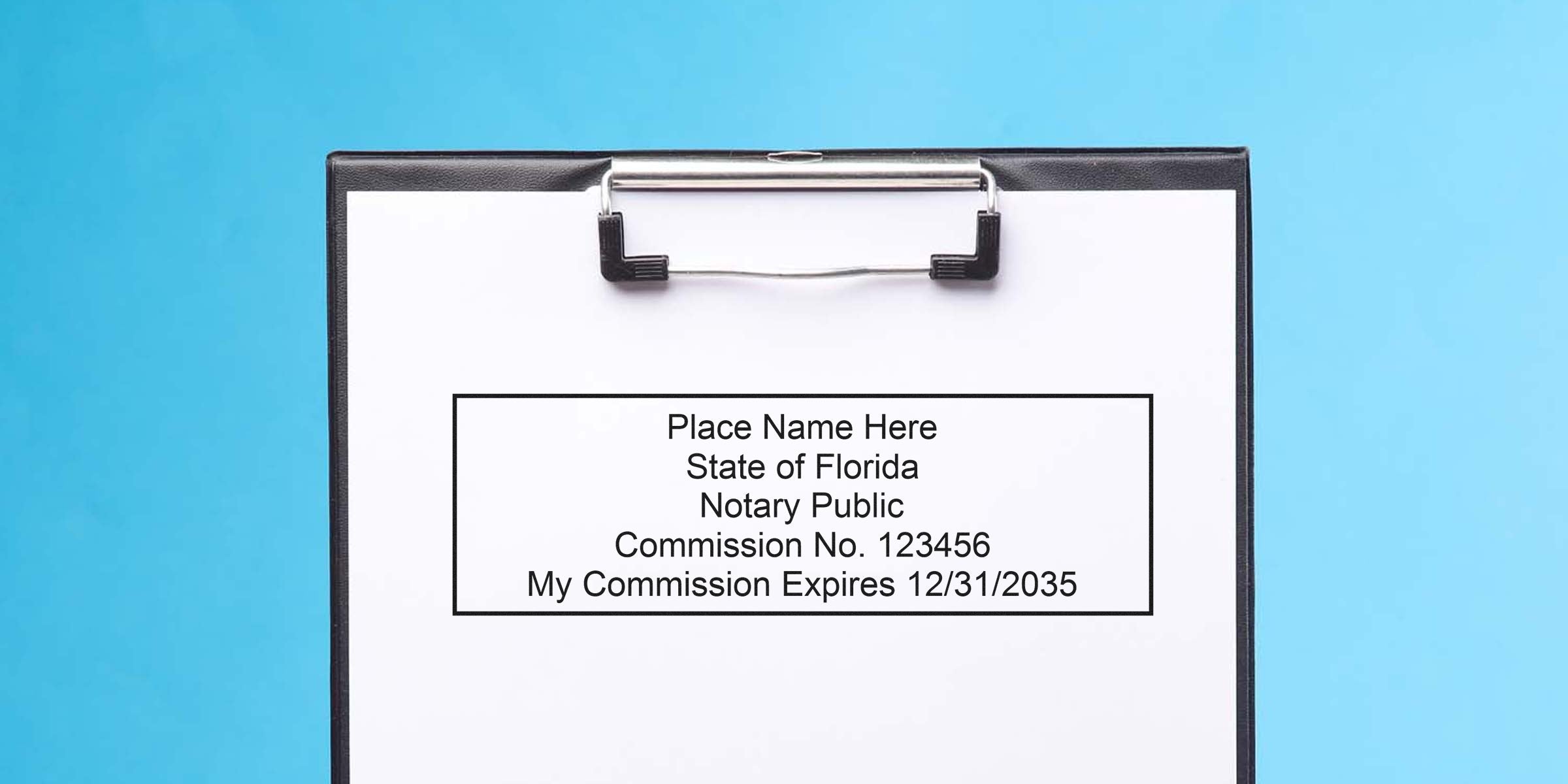 Florida notary public commission certificate on clipboard with expiration date and Florida notary stamp, showcasing online notary services.