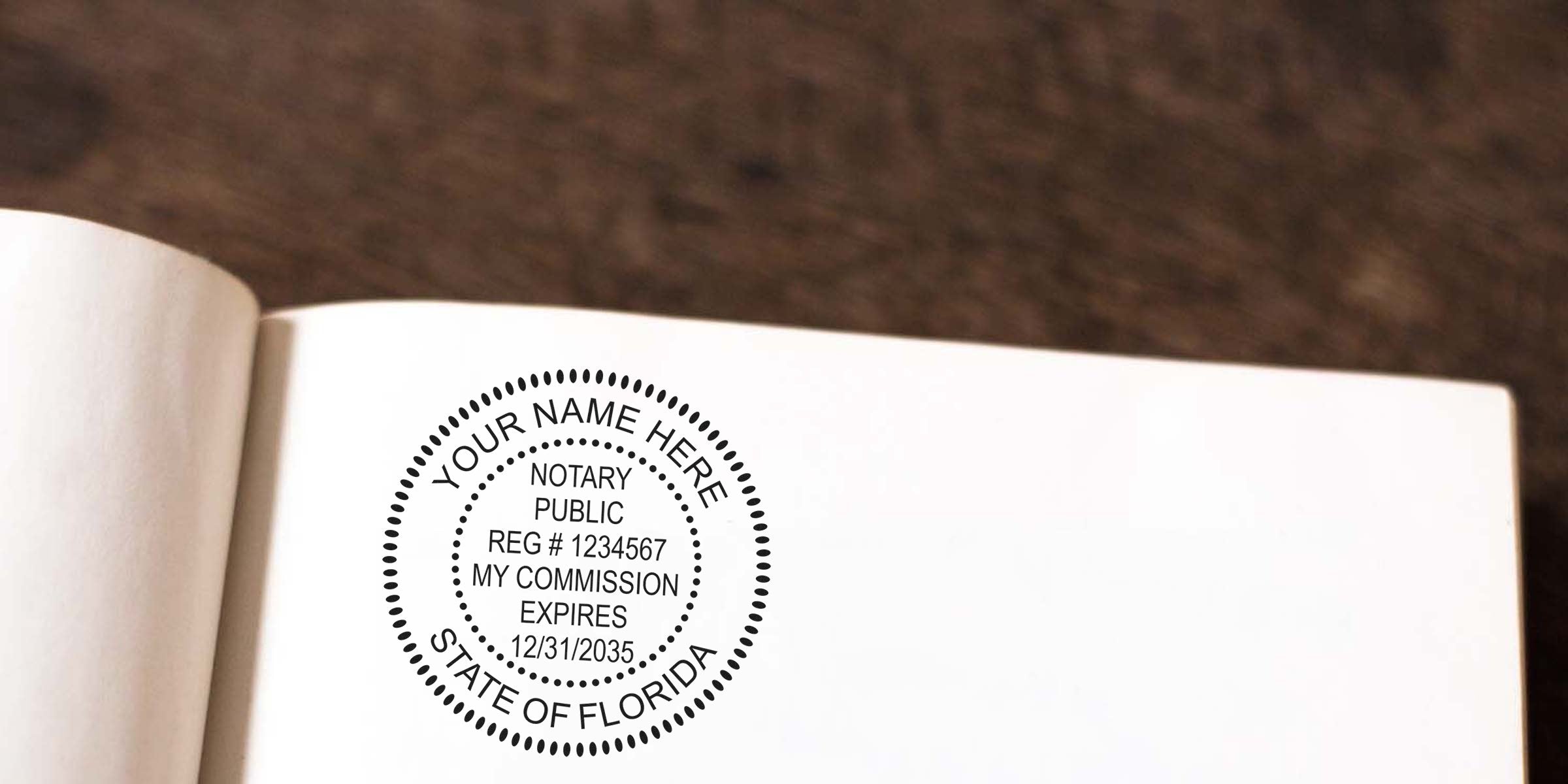 Florida notary public stamp on white paper showing commission expiration date, meeting Florida notary stamp law and regulations.