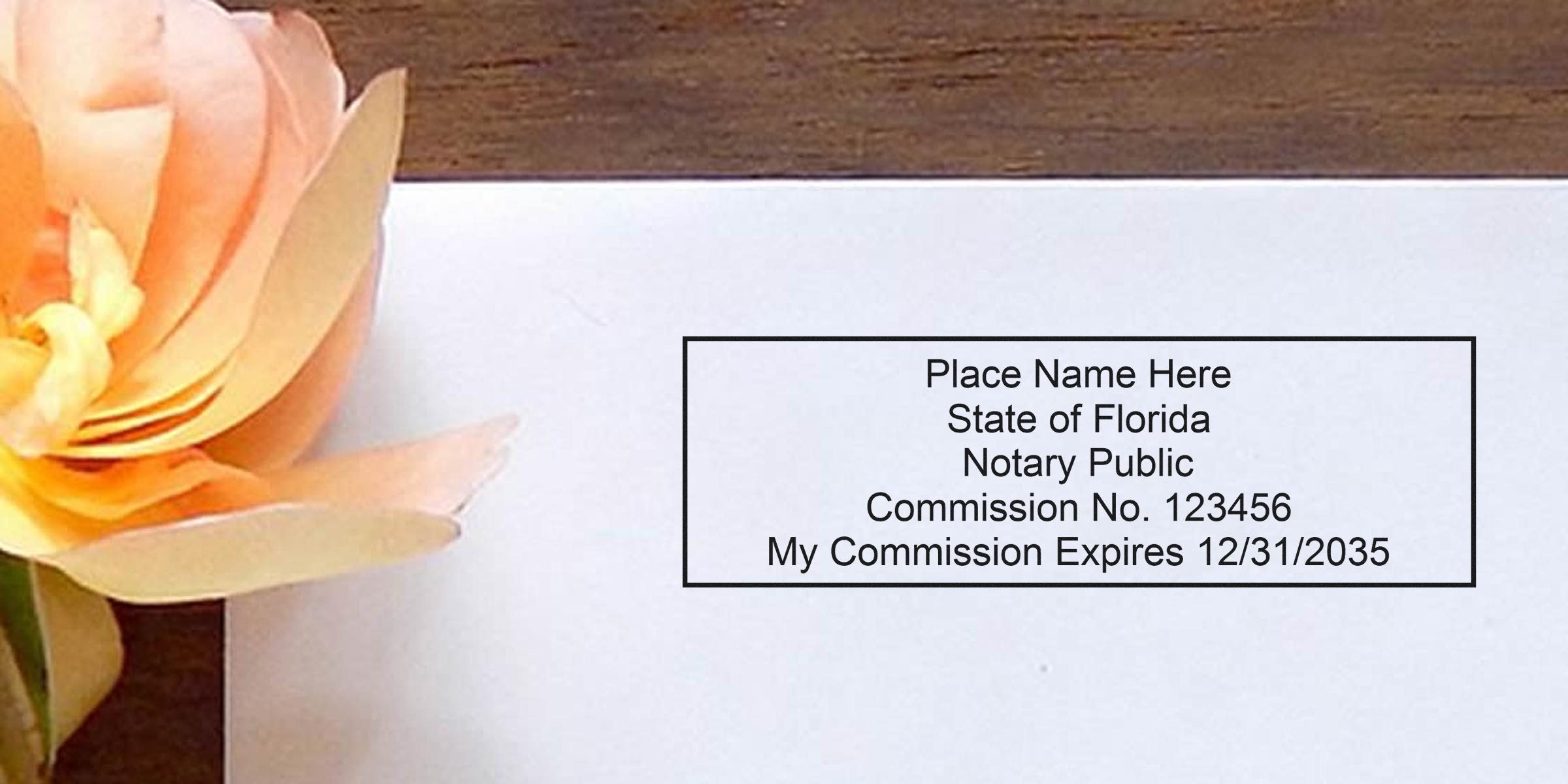 Florida Notary Public commission certificate with a flower on a wooden table, symbolizing the Florida Notary Public Office.
