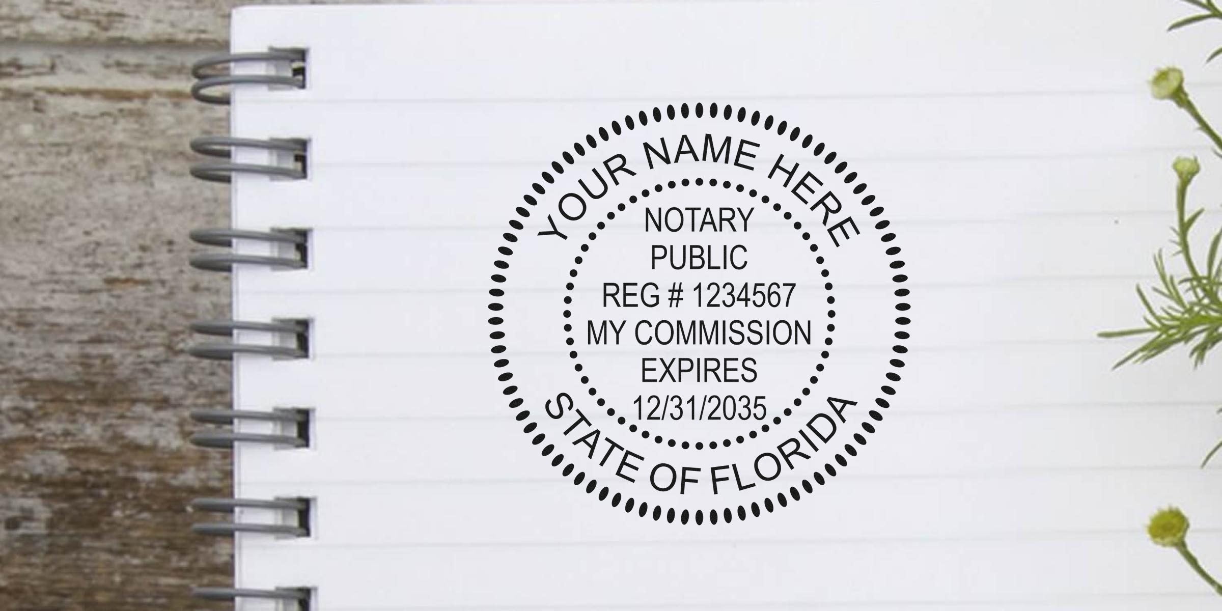 Florida Notary Public stamp and seal showing commission expiration date on a notebook page.
