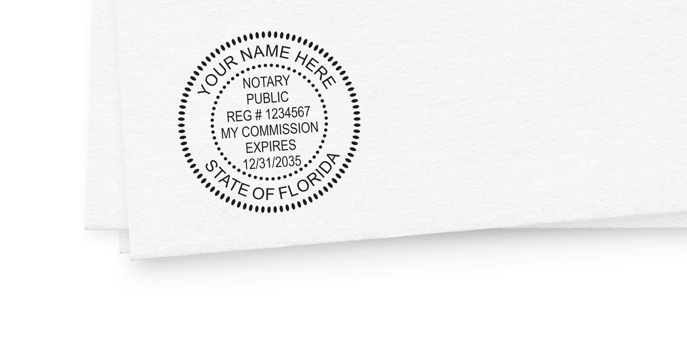 Florida self-inking notary stamp on white paper for official document authentication.