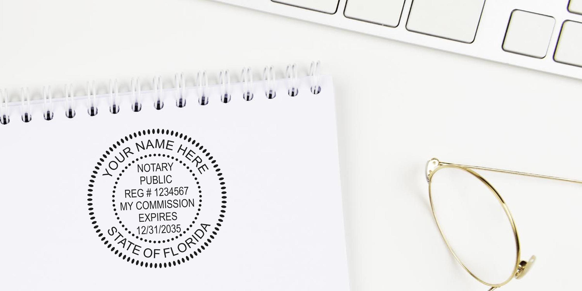 Florida notary stamp on white spiral notebook with glasses and keyboard, showing essential Florida notary supplies.