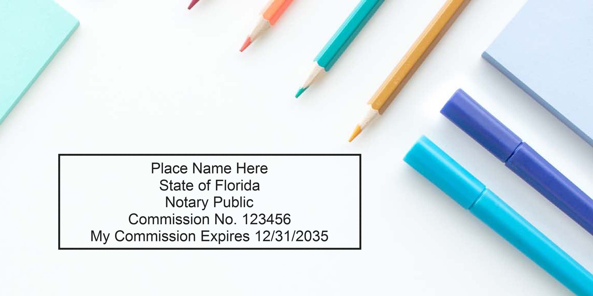 Florida Notary Public Seal stamp with colored pencils and markers on a white desk, adhering to Florida Notary Seal Guidelines.