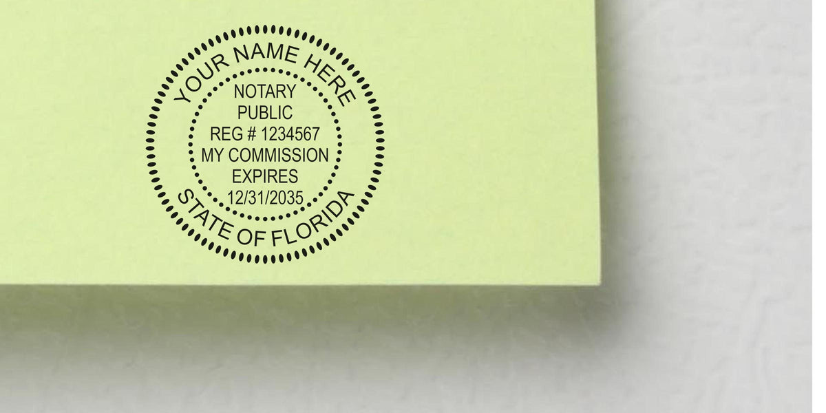 FL Notary Seal on yellow paper with commission expiration date, key for Notary Seal purchase tips.