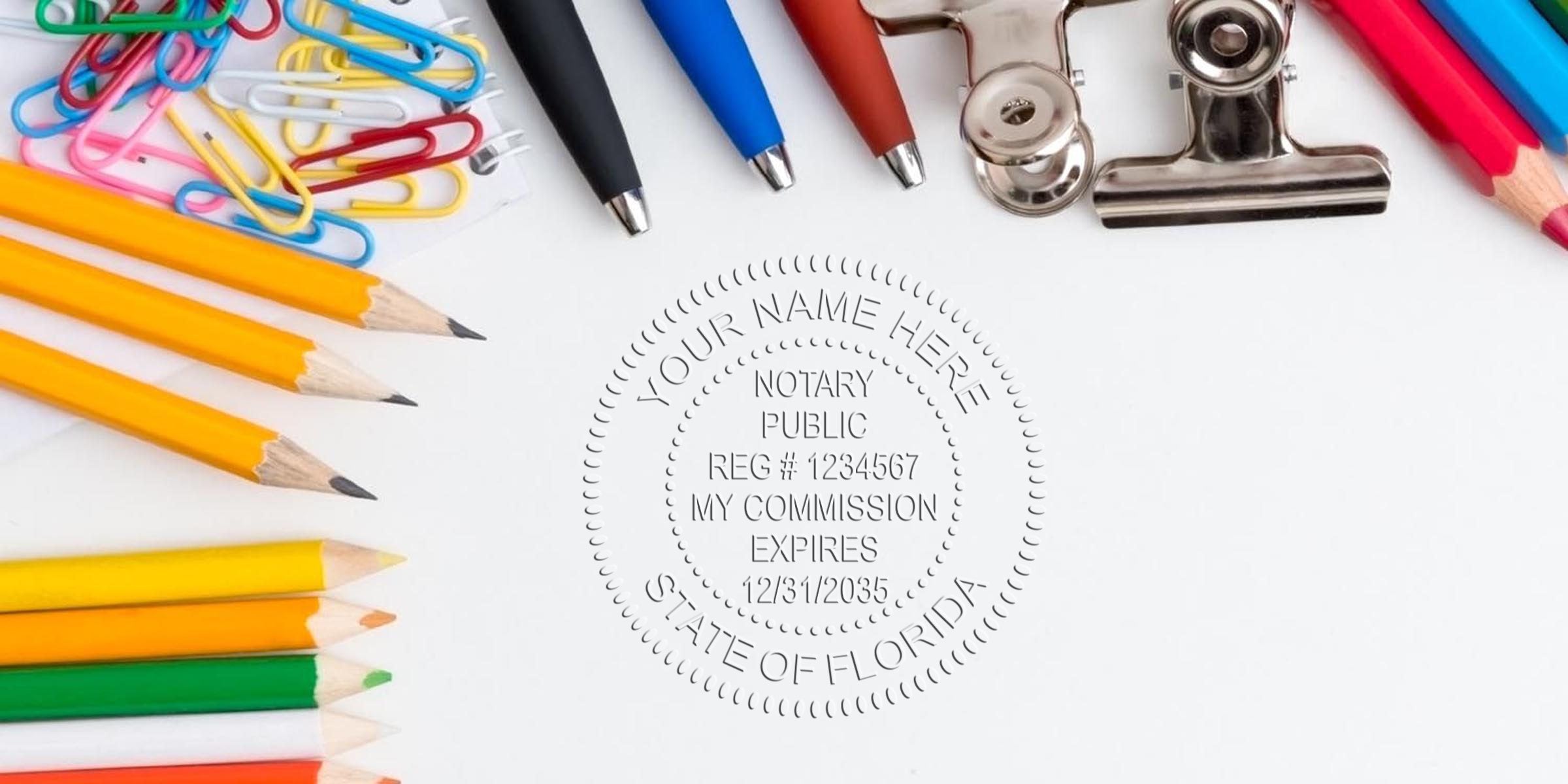 Florida notary seal with a reliable notary stamp, surrounded by colorful pencils, pens, paper clips, and a binder clip on a white background.
