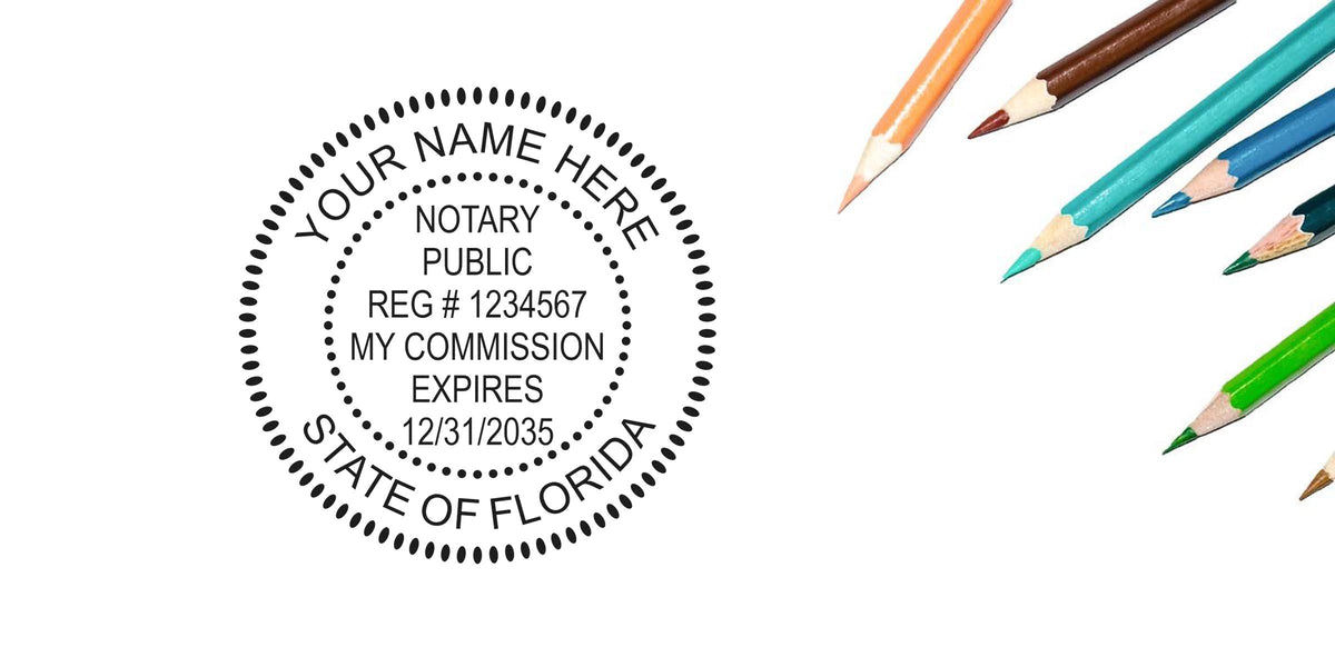 Florida notary stamp with colored pencils on white background, displaying a sample notary stamp format for legal document certification.
