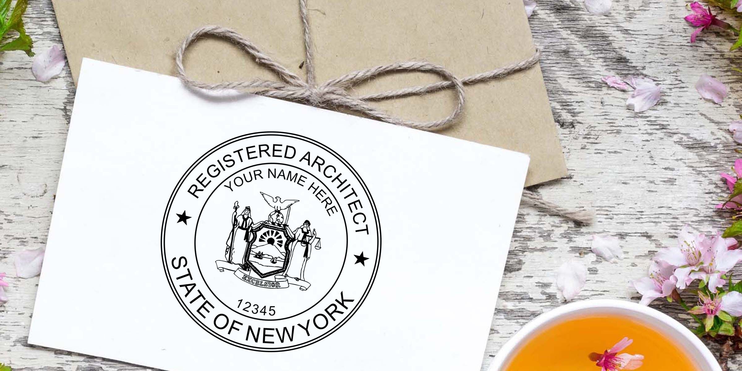 Personalized Registered Architect State of New York seal card on rustic flat-lay with kraft envelope, twine bow, pink blossoms, and tea cup