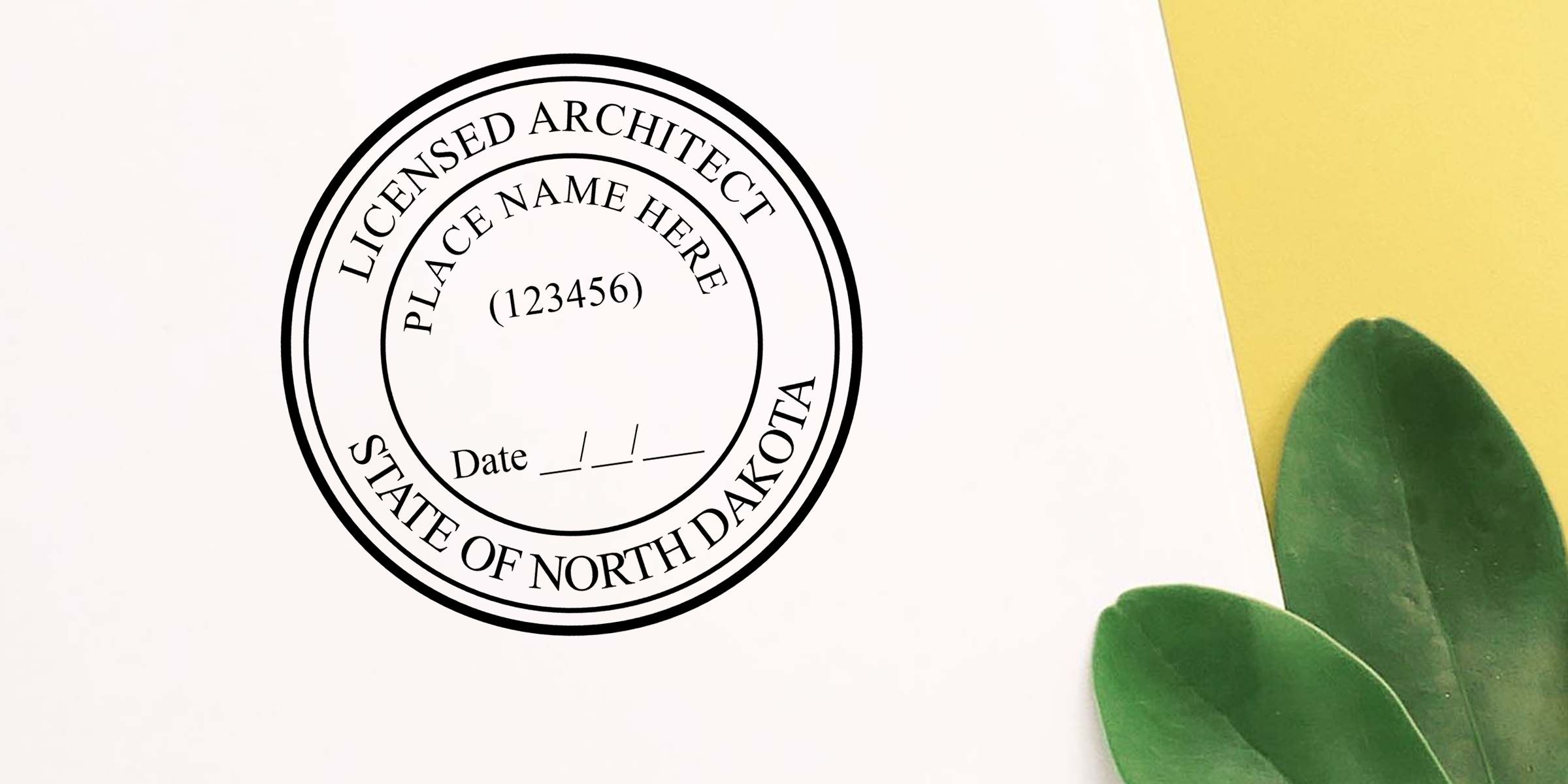Licensed Architect seal for the State of North Dakota with name, license number, and date placeholders on a clean background with green leaves.
