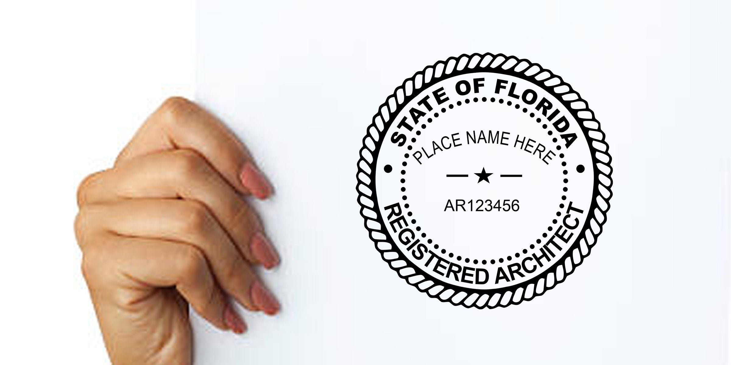 Hand holding a State of Florida Registered Architect seal stamp with customizable name and license number placeholder AR123456