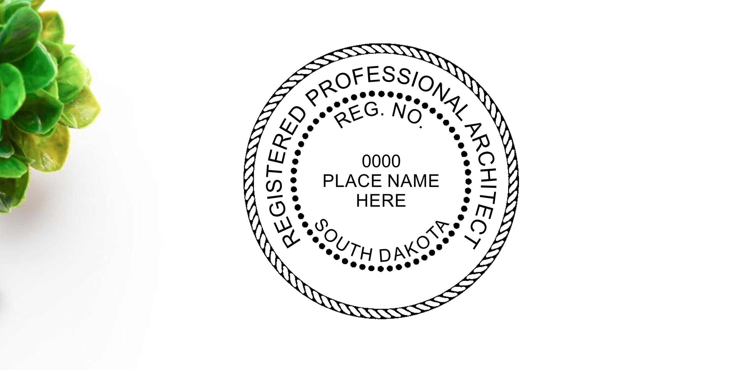 Registered Professional Architect seal with placeholder reg. no. and place name, South Dakota circular stamp design on white background with green succulent leaves at left